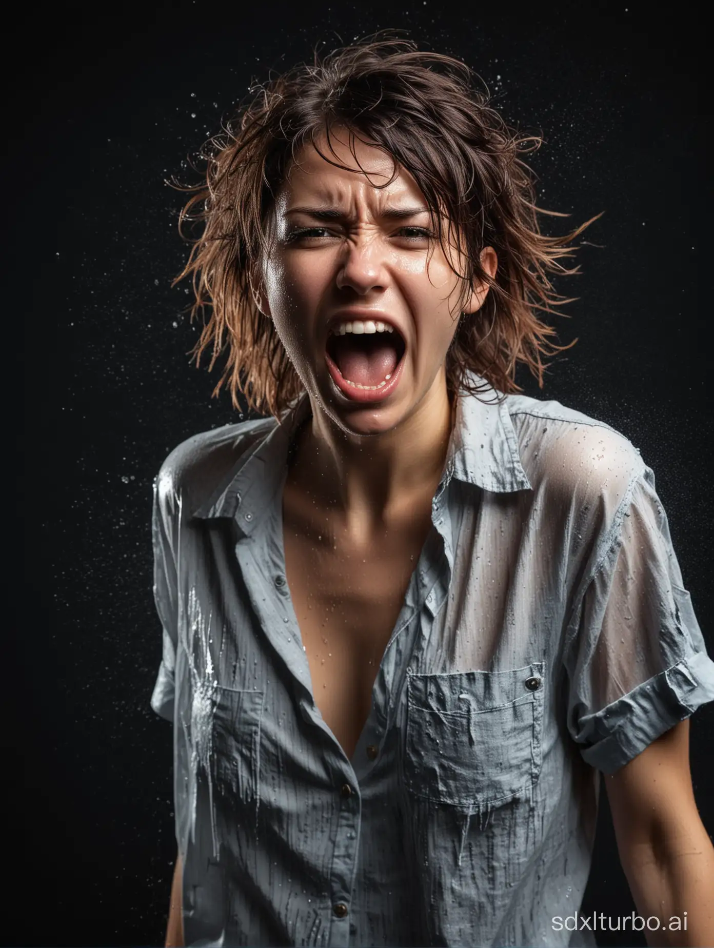Emotional-Portrait-Young-Woman-Screaming-and-Tearing-Shirt-in-Studio