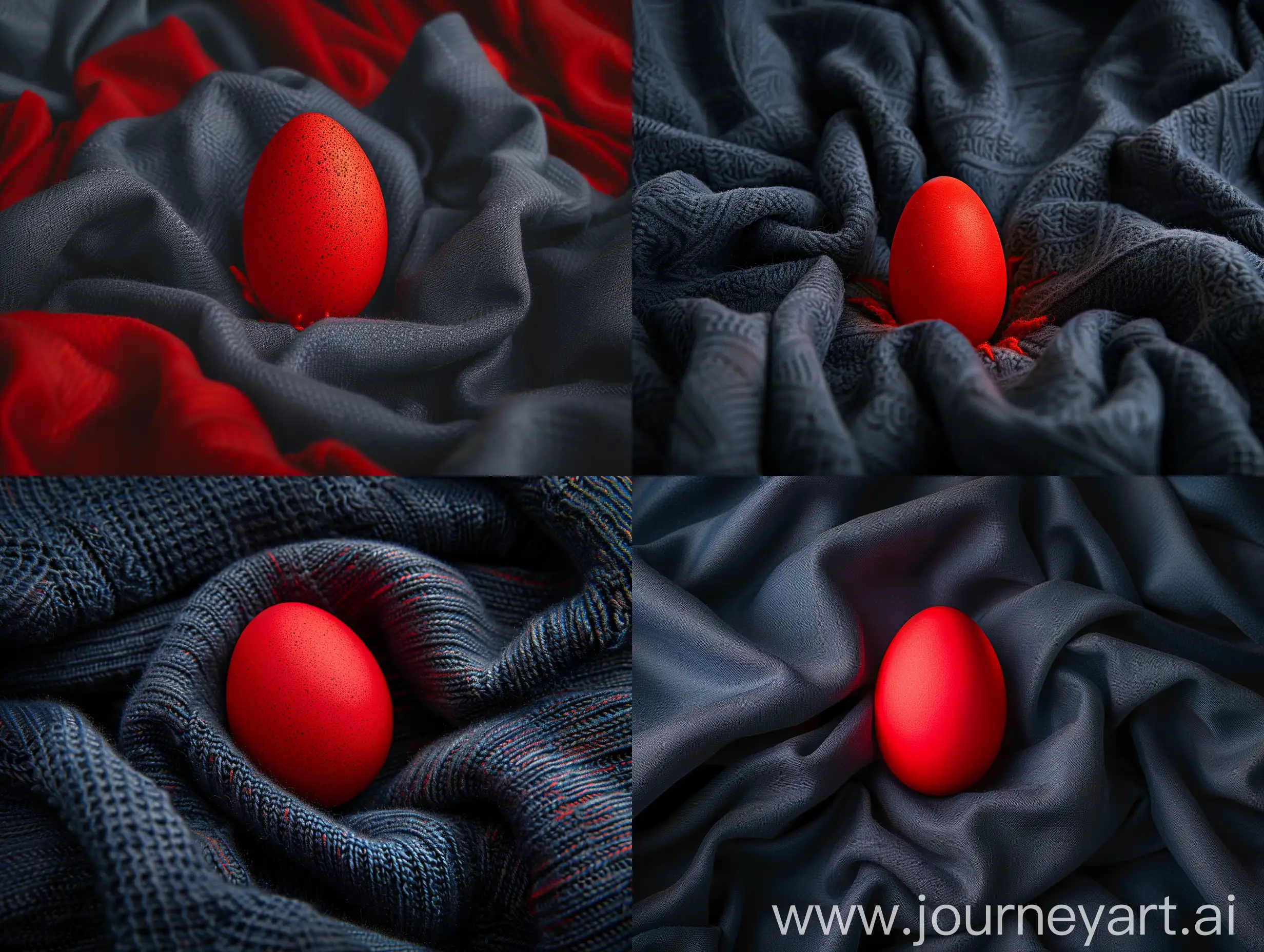 an red easter egg that born in the middle of dark blue cotton cashmere fabric