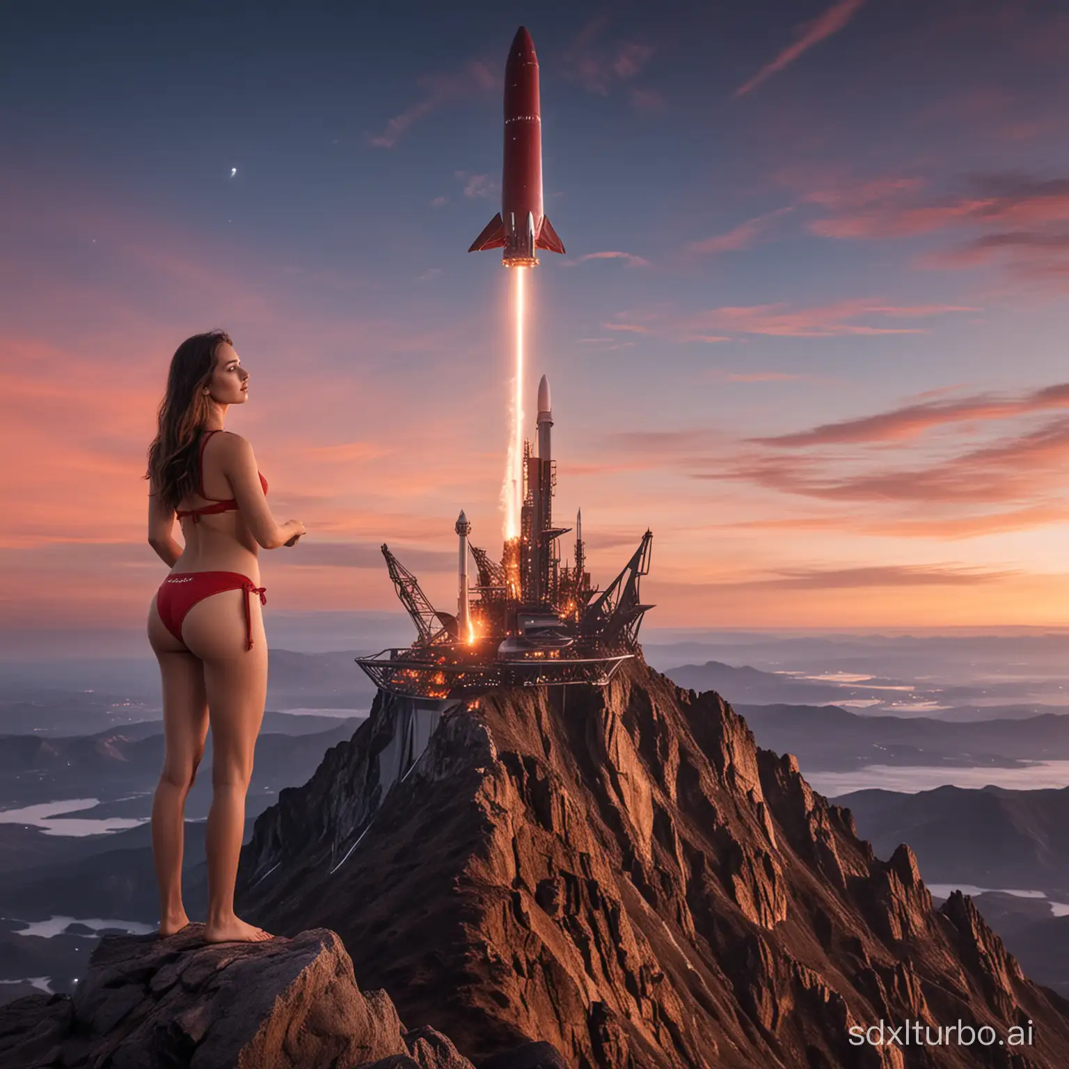 Awesome photo of a wizard on the top of a mountain, she's creating SpaceX spaceship with magic, at dawn, sunrise, 18 years old lady standing middle, clearly see 36F bra size, red bikini.