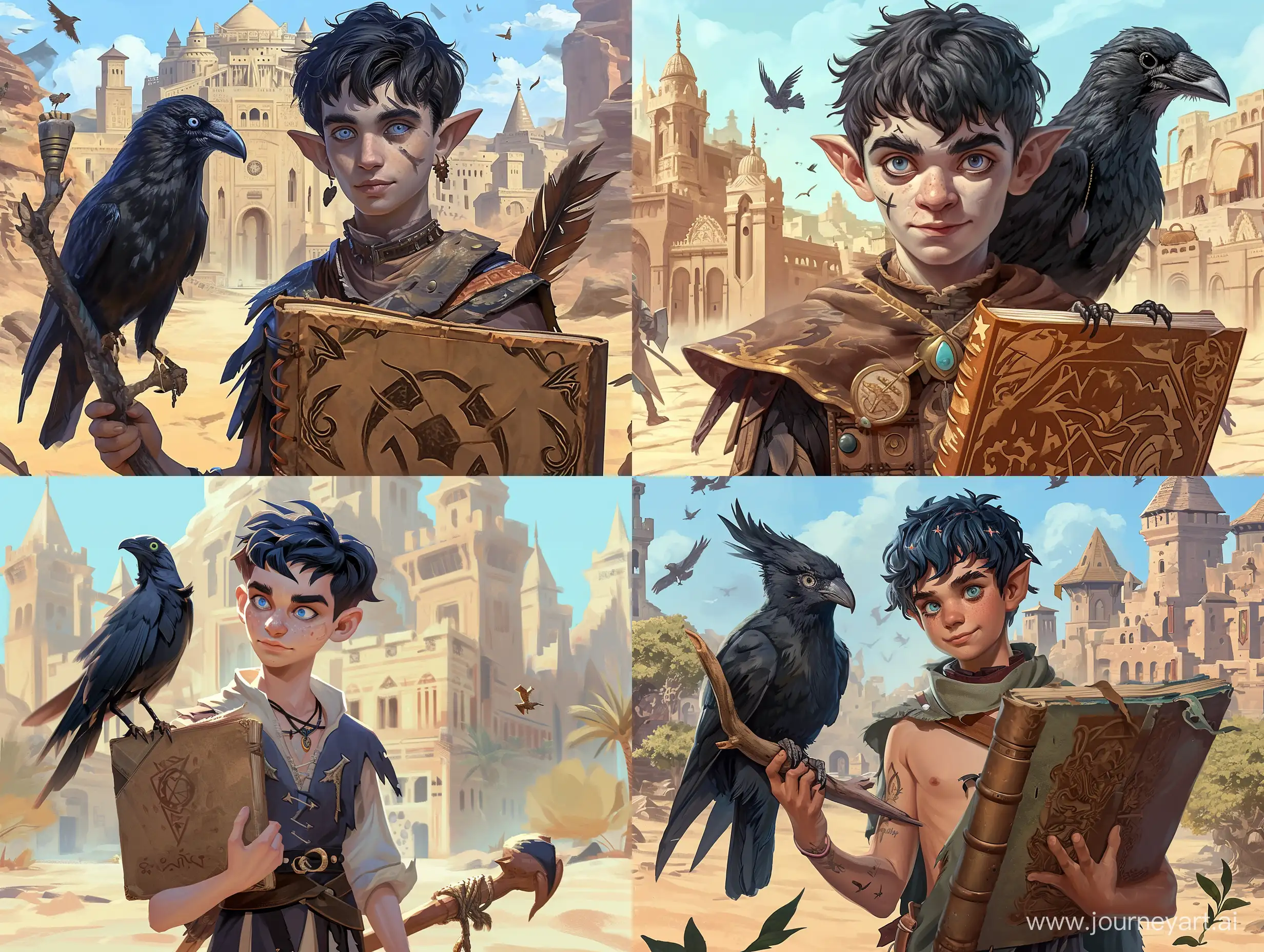 Innocent-Young-Wizard-with-Magical-Crow-and-Ancient-Spellbook-at-Desert-University