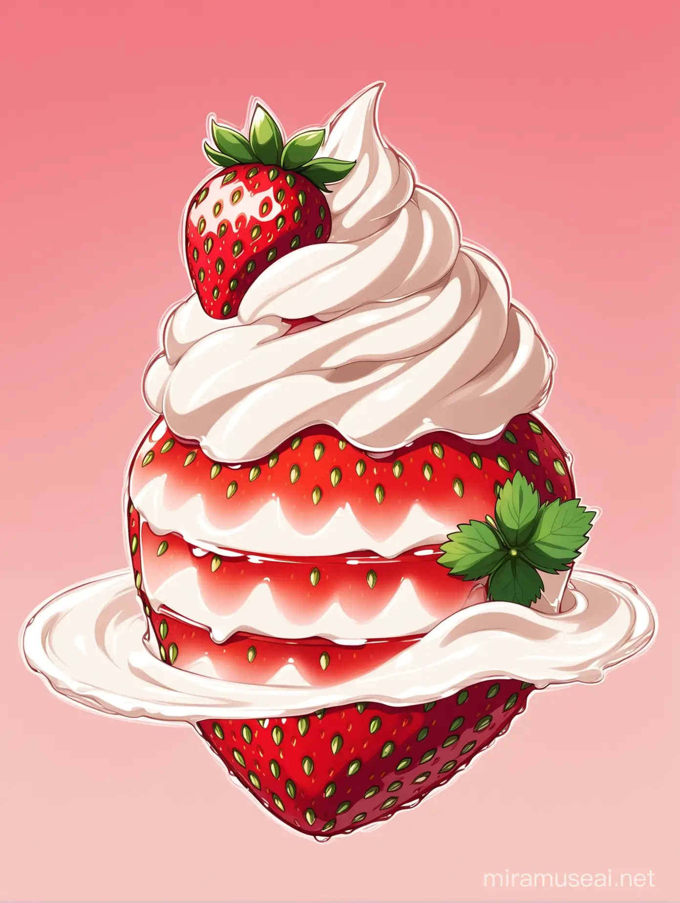 Animestyle Strawberry with Cream Playful Anime Character Holding a Juicy Strawberry Topped with Cream