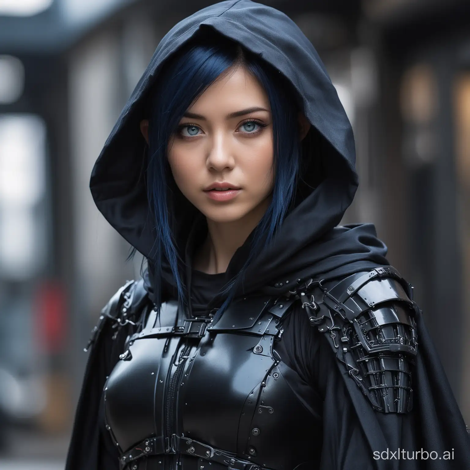 Young Beautiful Japanese German woman, elf, blue eyes, dark blue hair with side cut, futuristic black cyberpunk samurai armor and hooded cape