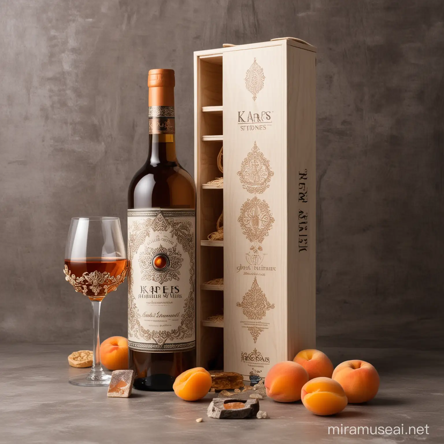 royal Armenian traditional apricot wine called "KARS" modern wine bottle and box with elegant packaging, modern and exclusive style Armenian stones and ornamentation