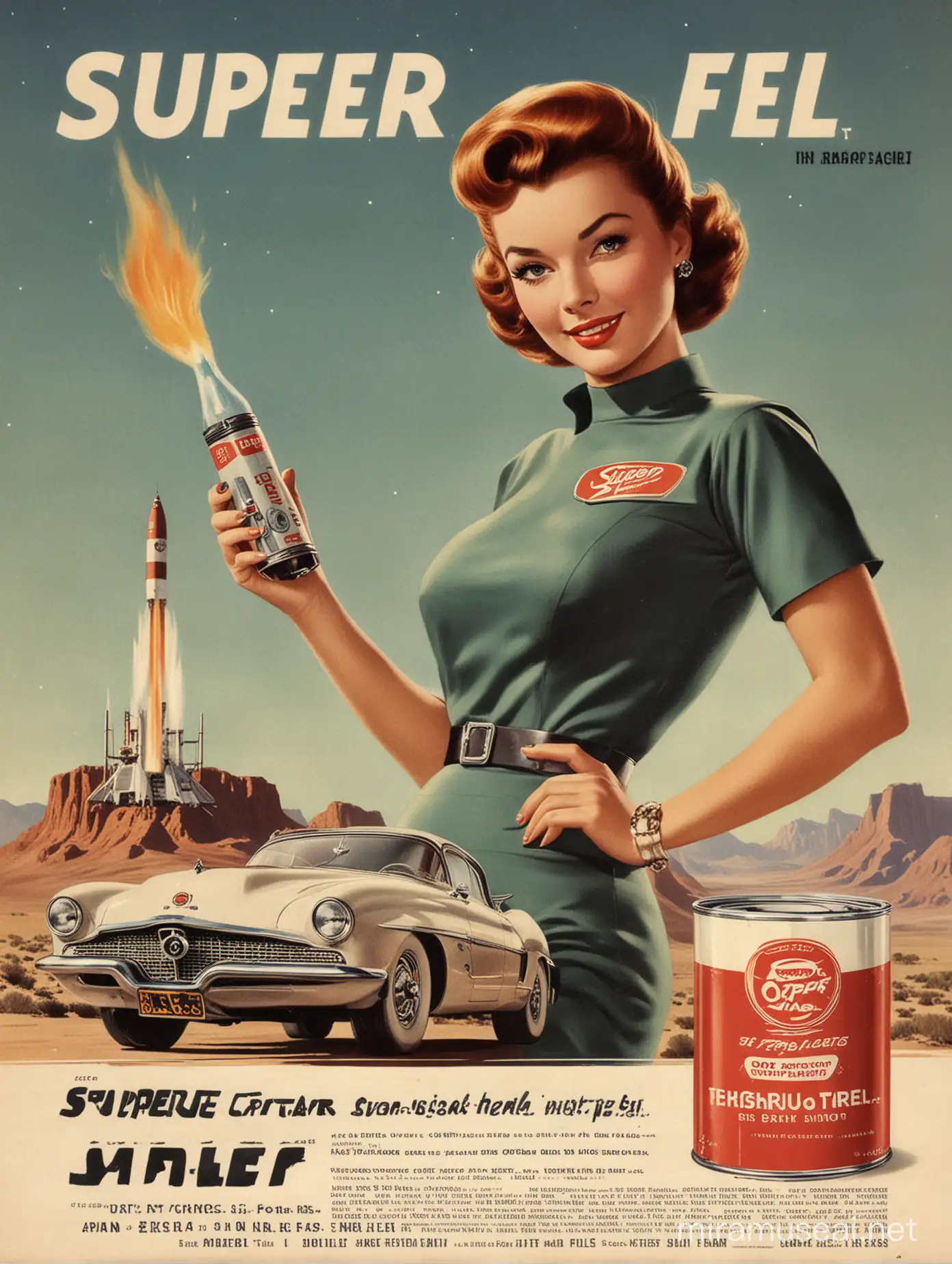 50's vintage scifi style ad for super fuel