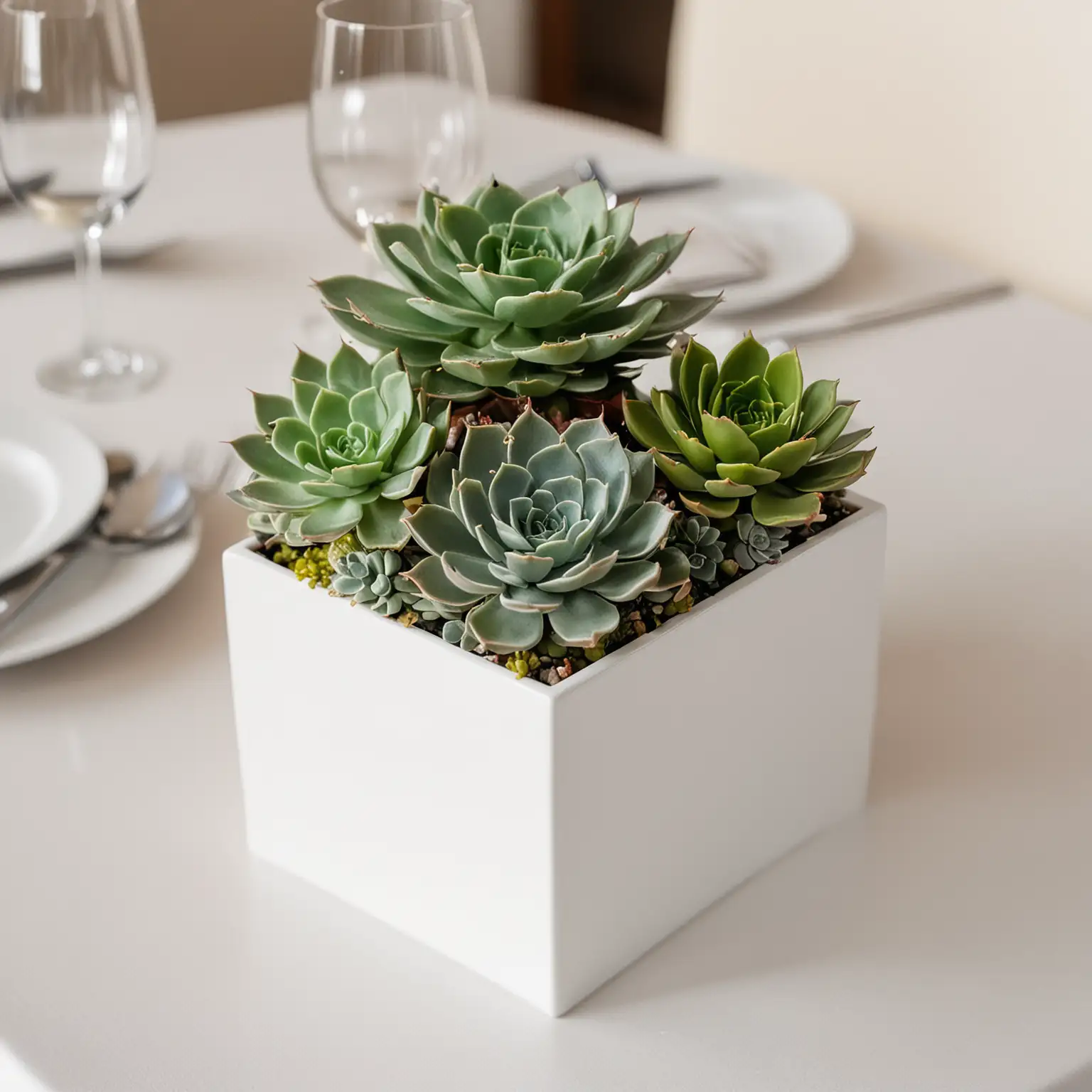 a wedding centerpiece with a nice quality thick, shiny white metallic square vase with succulents for a striking and modern wedding centerpiece