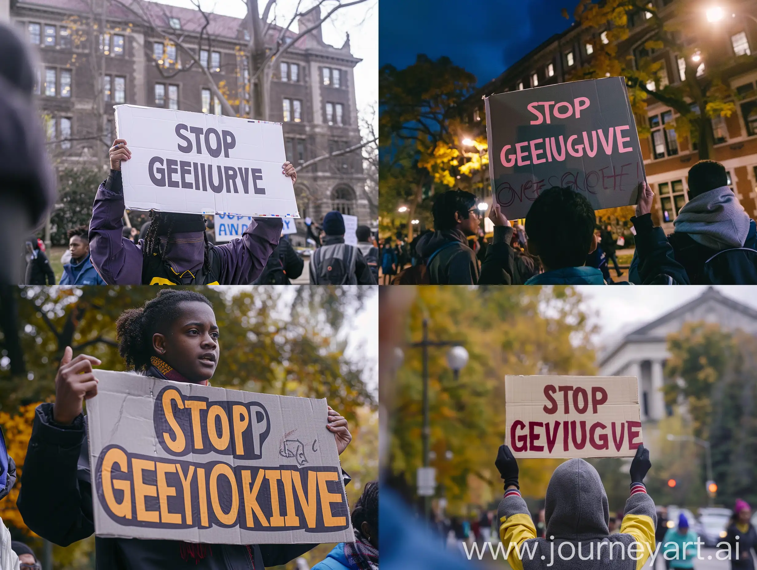 student is protesting with a sign that says stop genocide