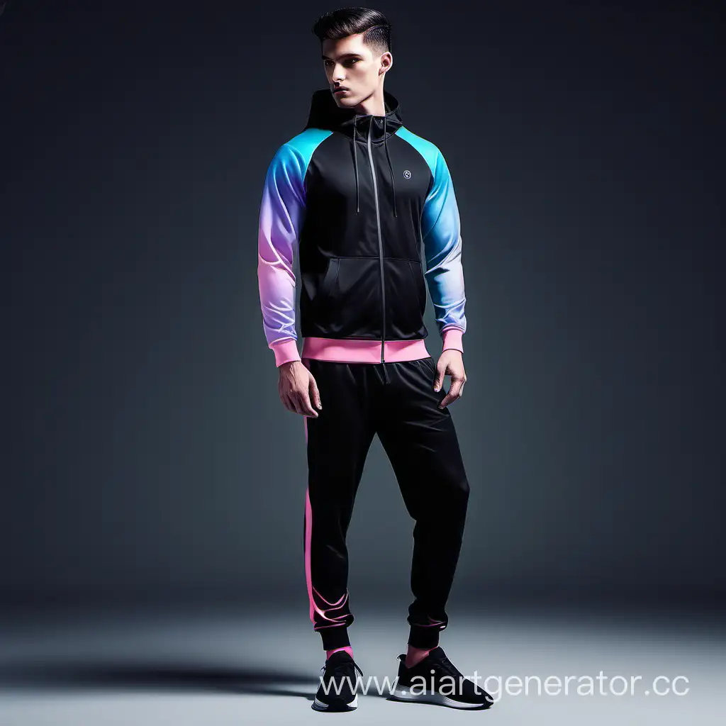 Создай мужской спортивный костюм чёрного цвета с чуть-чуть розово-синем градиентом