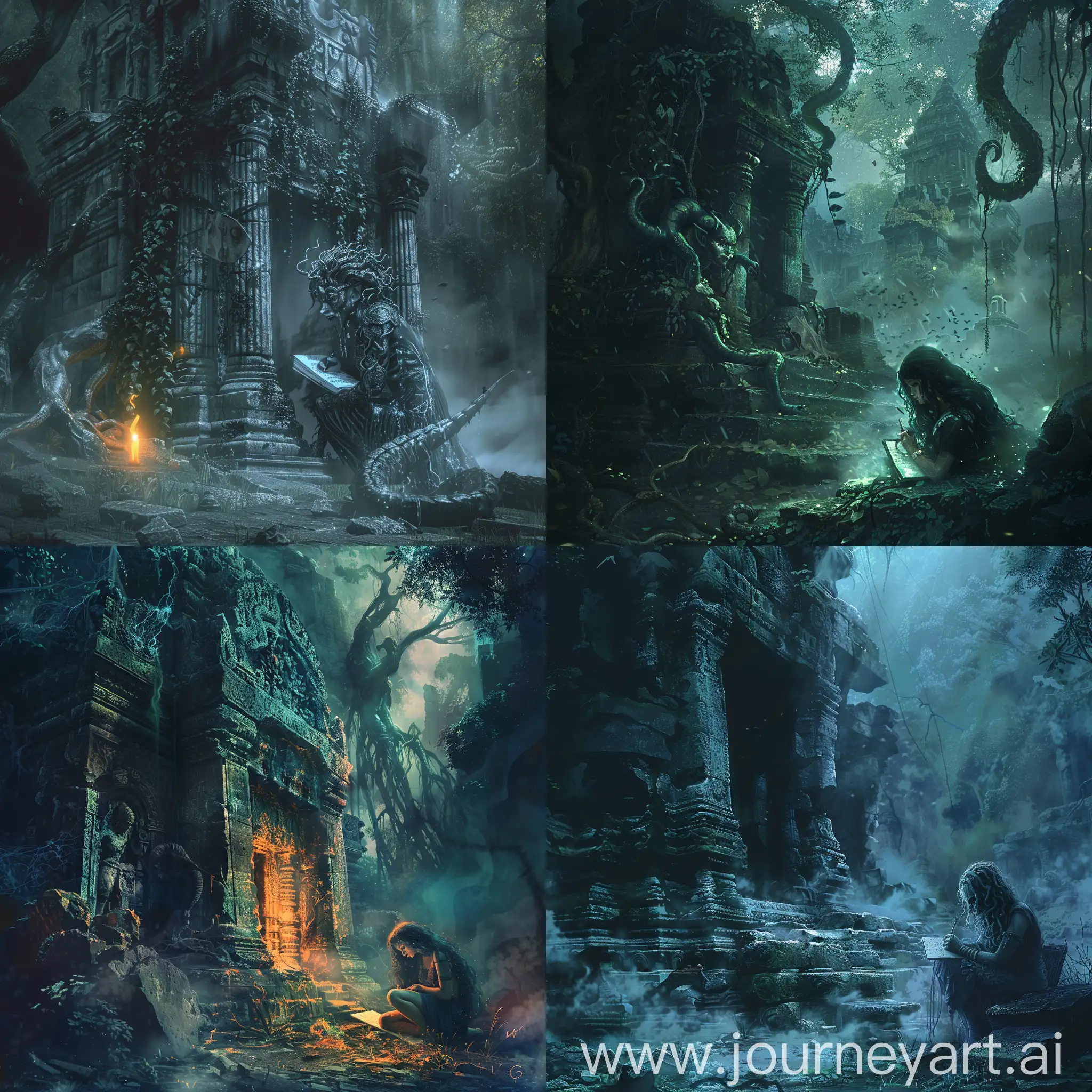 a high quality digital art of (Medusa) next to (abandoned temple), writing her story, in a (mystic forest), fantasy art, detailed illustration, dark atmosphere, magical, female character, mythical creature, ancient ruins, eerie glow, misty ambiance, surreal, mystical vibes, 4k