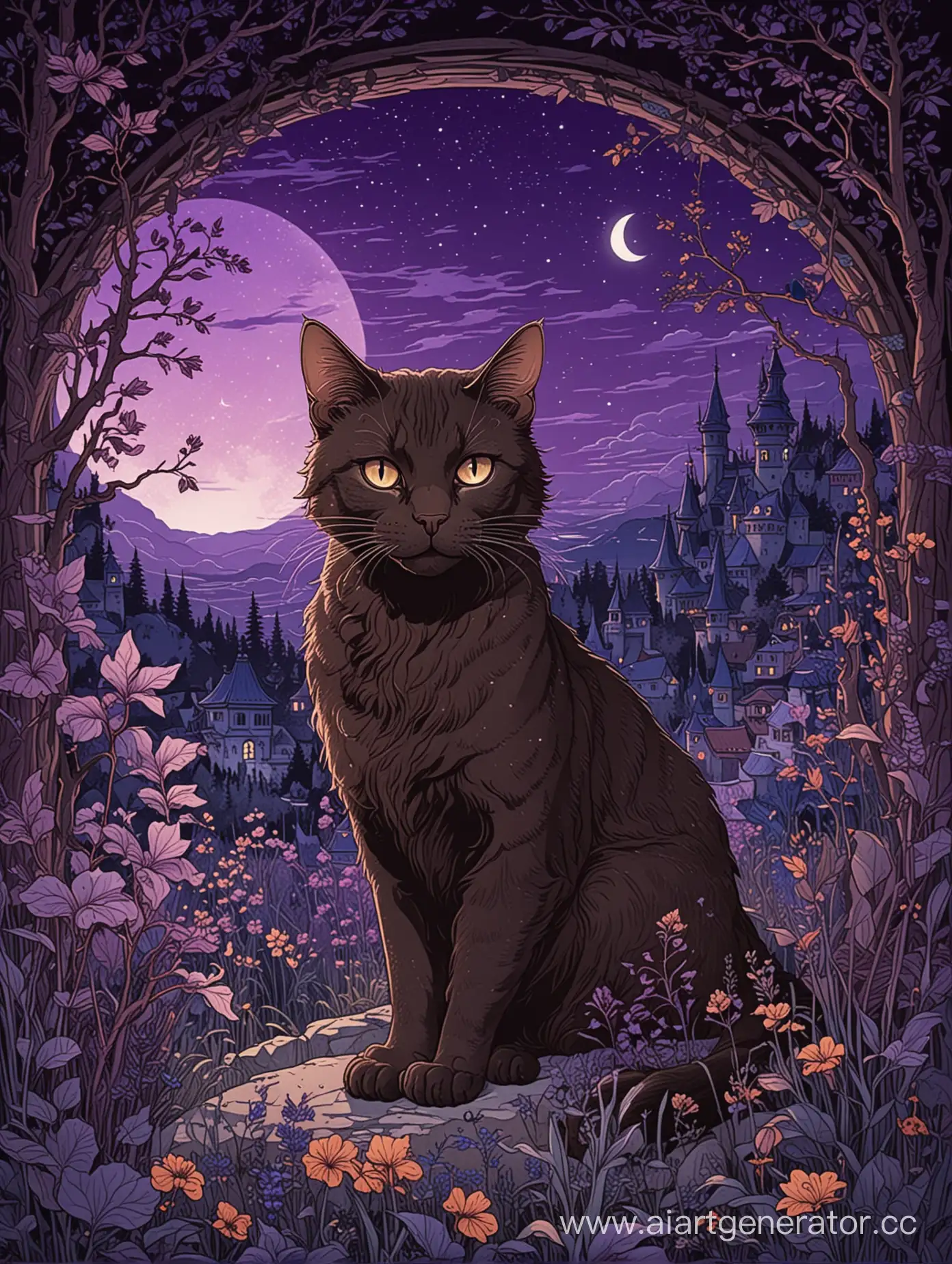 Bilibin-Style-Illustration-Mysterious-Night-with-Enigmatic-Cat