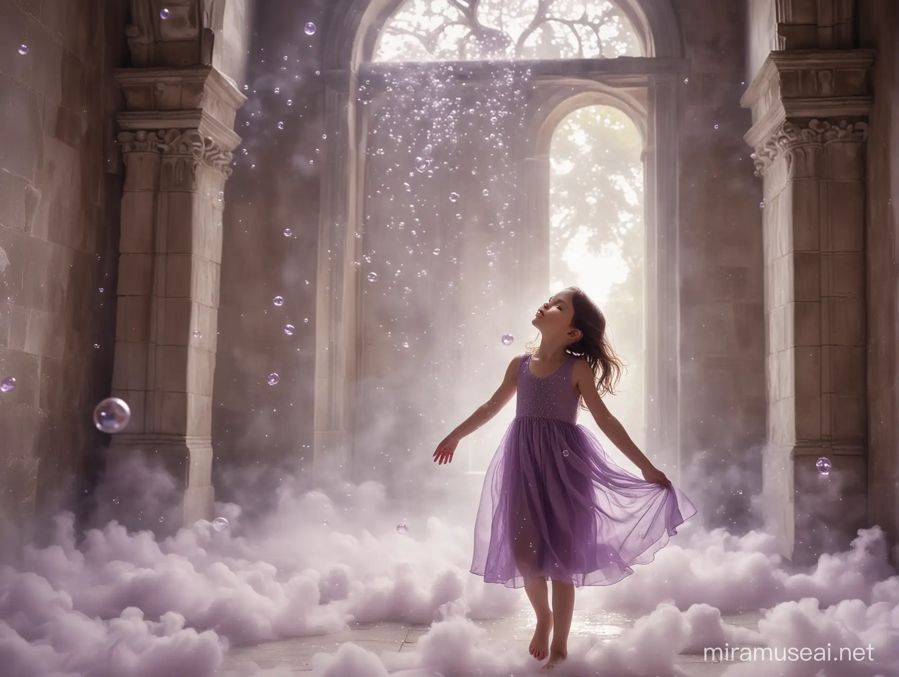 Serene Dark Fairy Tale Little Girl in Purple Dress Surrounded by Fairies