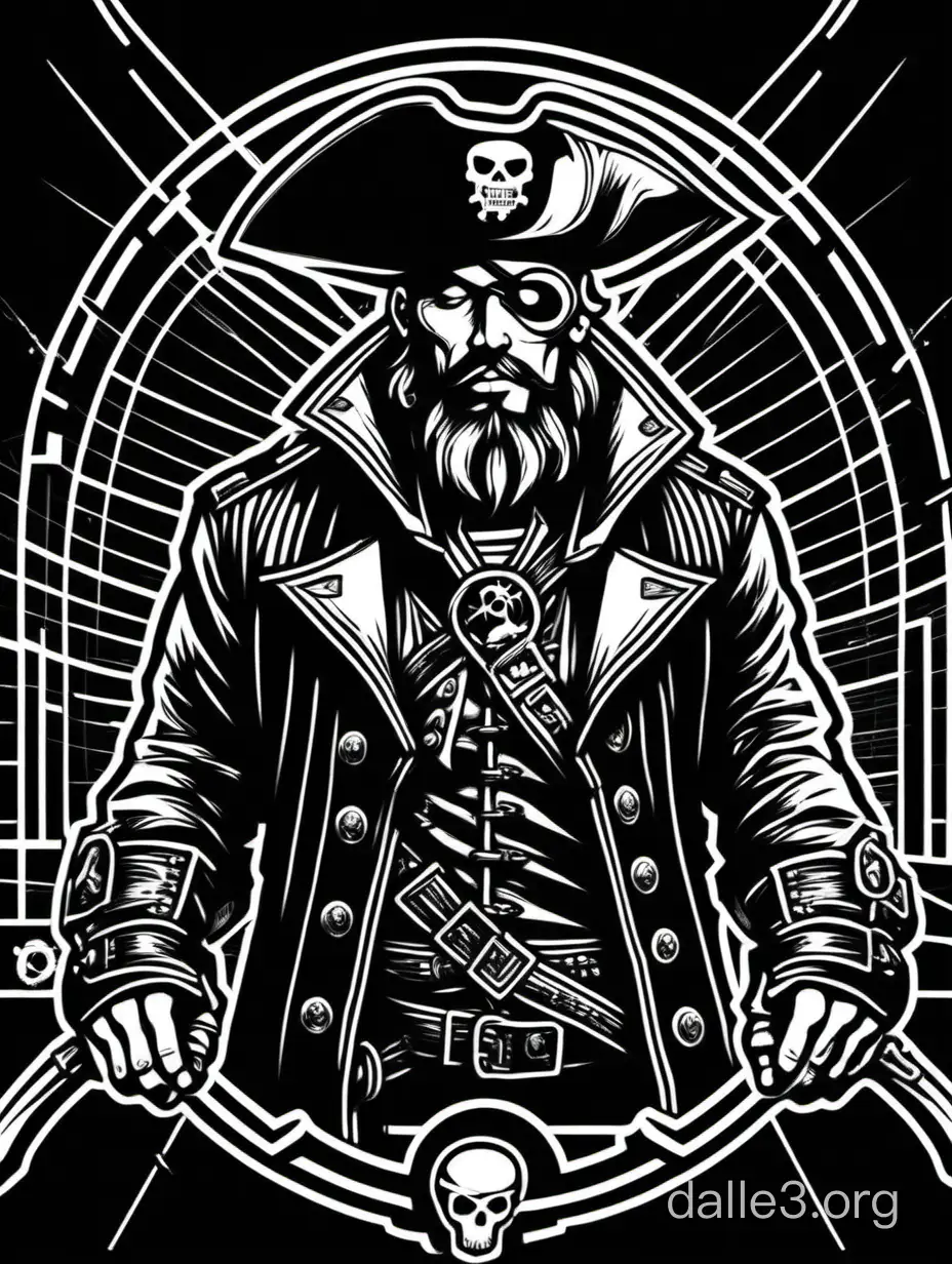 cyberpunkな海賊の船長の絵 ルネサンススタイル 黒背景に白い線で描かれた絵 ロゴ風