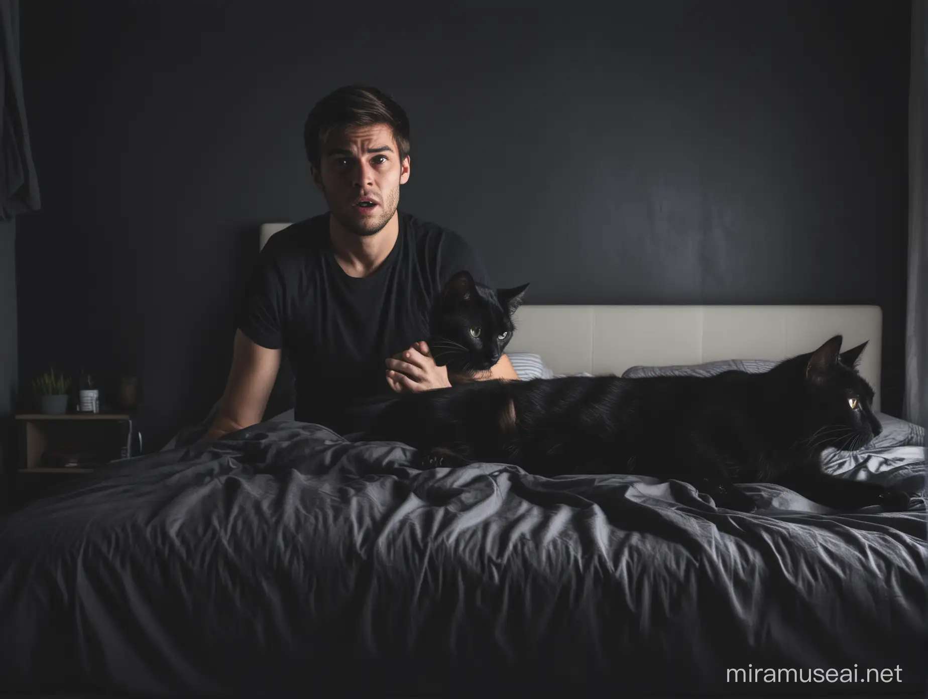 un hombre joven adulto asustado a un lado de un gato color negro en la cama de una habitación oscura en la noche.