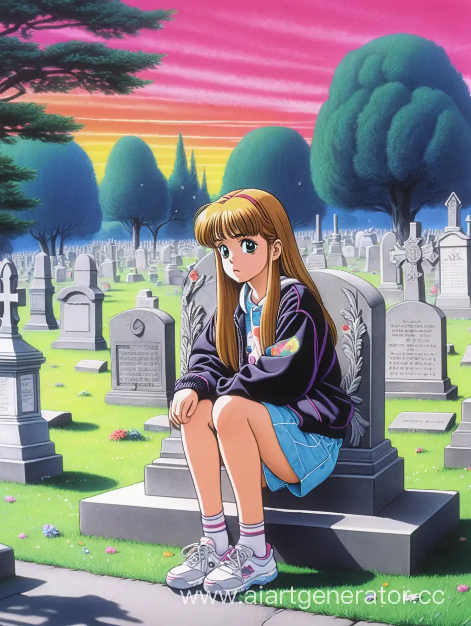 сидящая девушка из аниме 90х  в полном одиночестве на кладбище 
в стиле лсд 