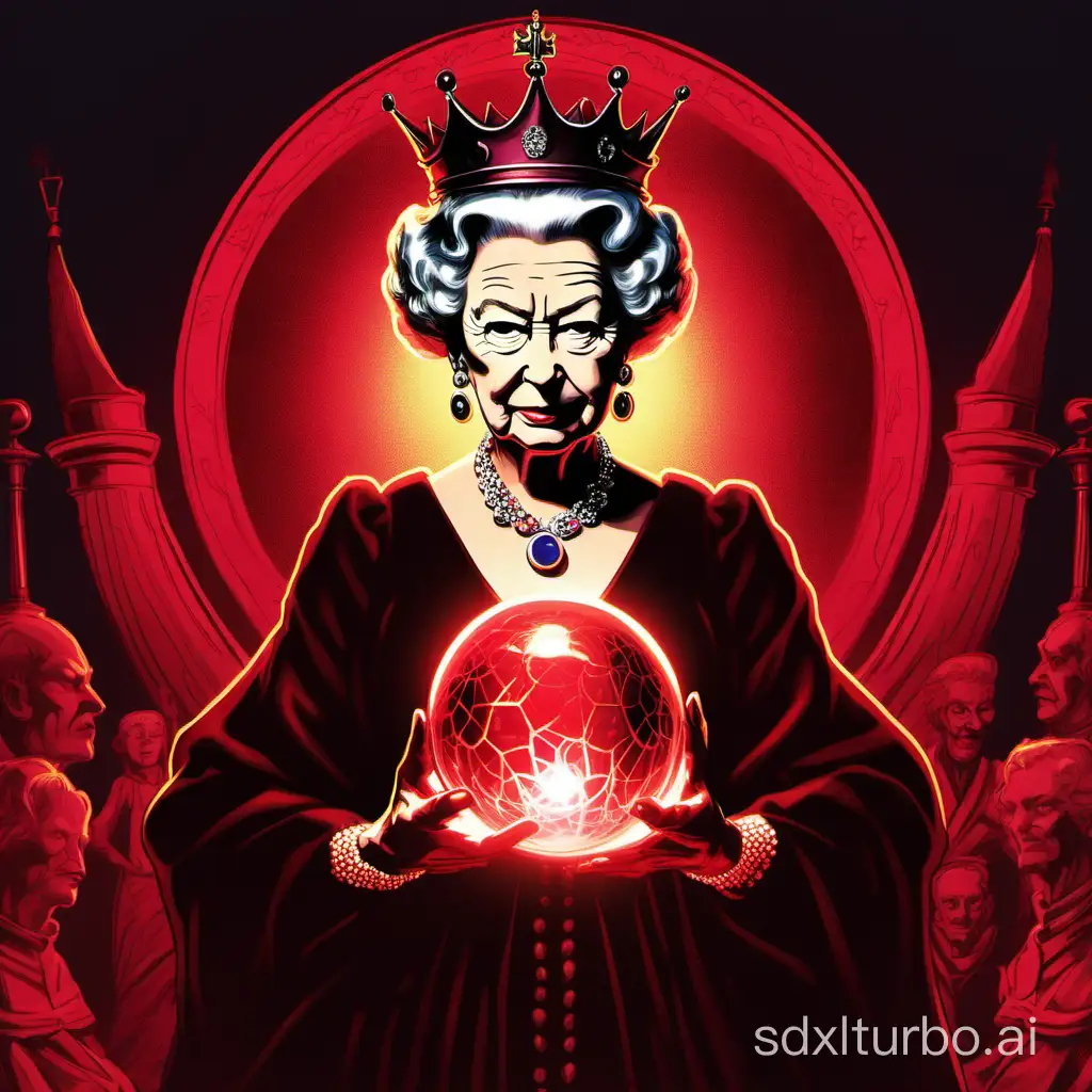 The queen elizabeth holding an evil magic sphere of glowing, dark red light.