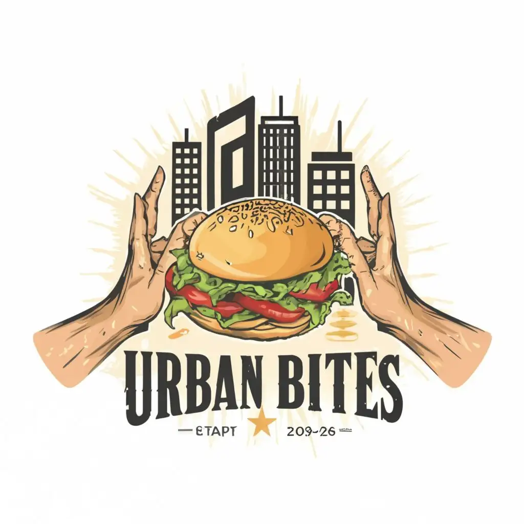 logo, Burger using onion as buns and hands closing in to hold it and with buldings on the background, with the text "Urban Bites", typography, be used in Restaurant industry