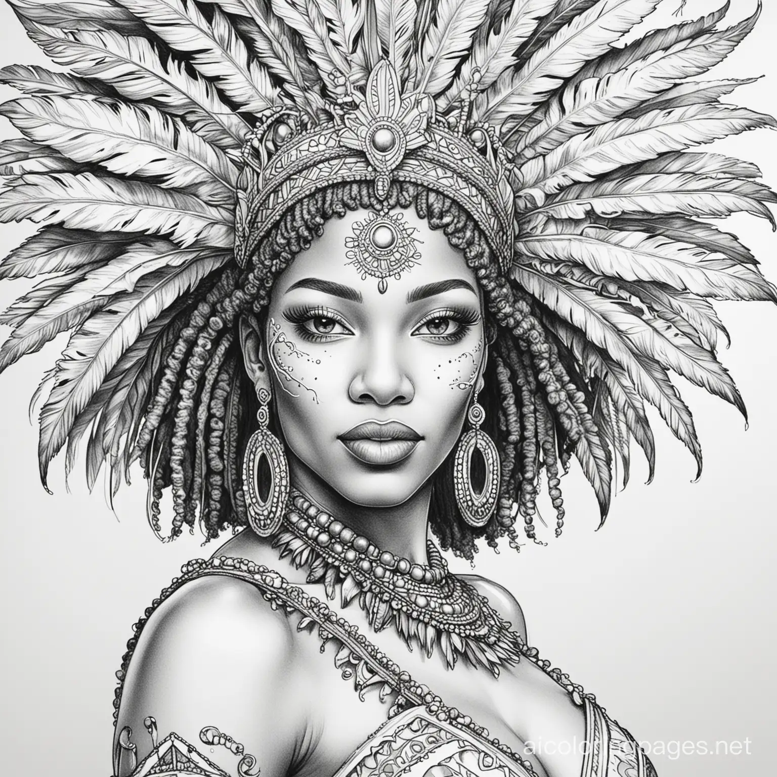 beautiful jamaican woman Caribbean carnival, Coloring Page, black and white, line art, white background, Simplicity, Ample White Space. The background of the coloring page is plain white to make it easy for young children to color within the lines. The outlines of all the subjects are easy to distinguish, making it simple for kids to color without too much difficulty