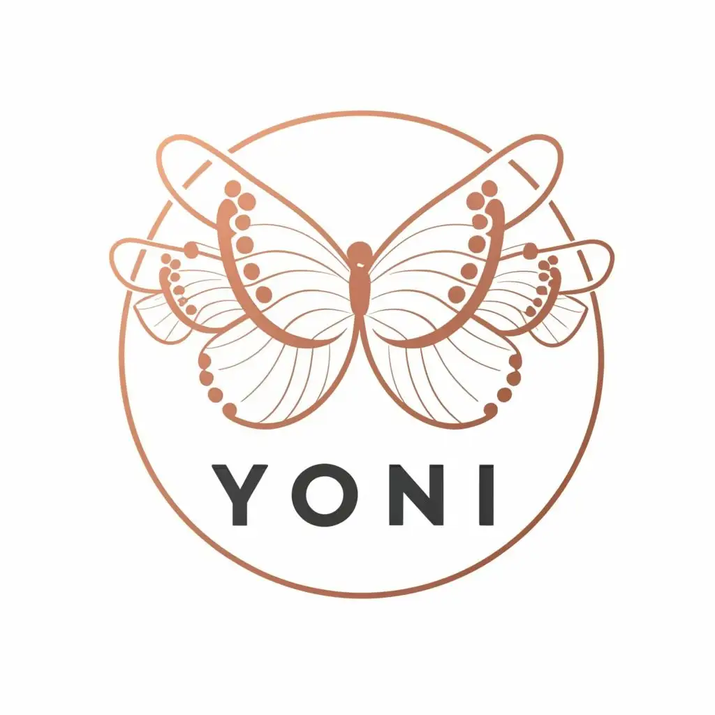 logo, Outline black butterflies in rose gold circle, with the text "YONI", typography, be used in Retail industry