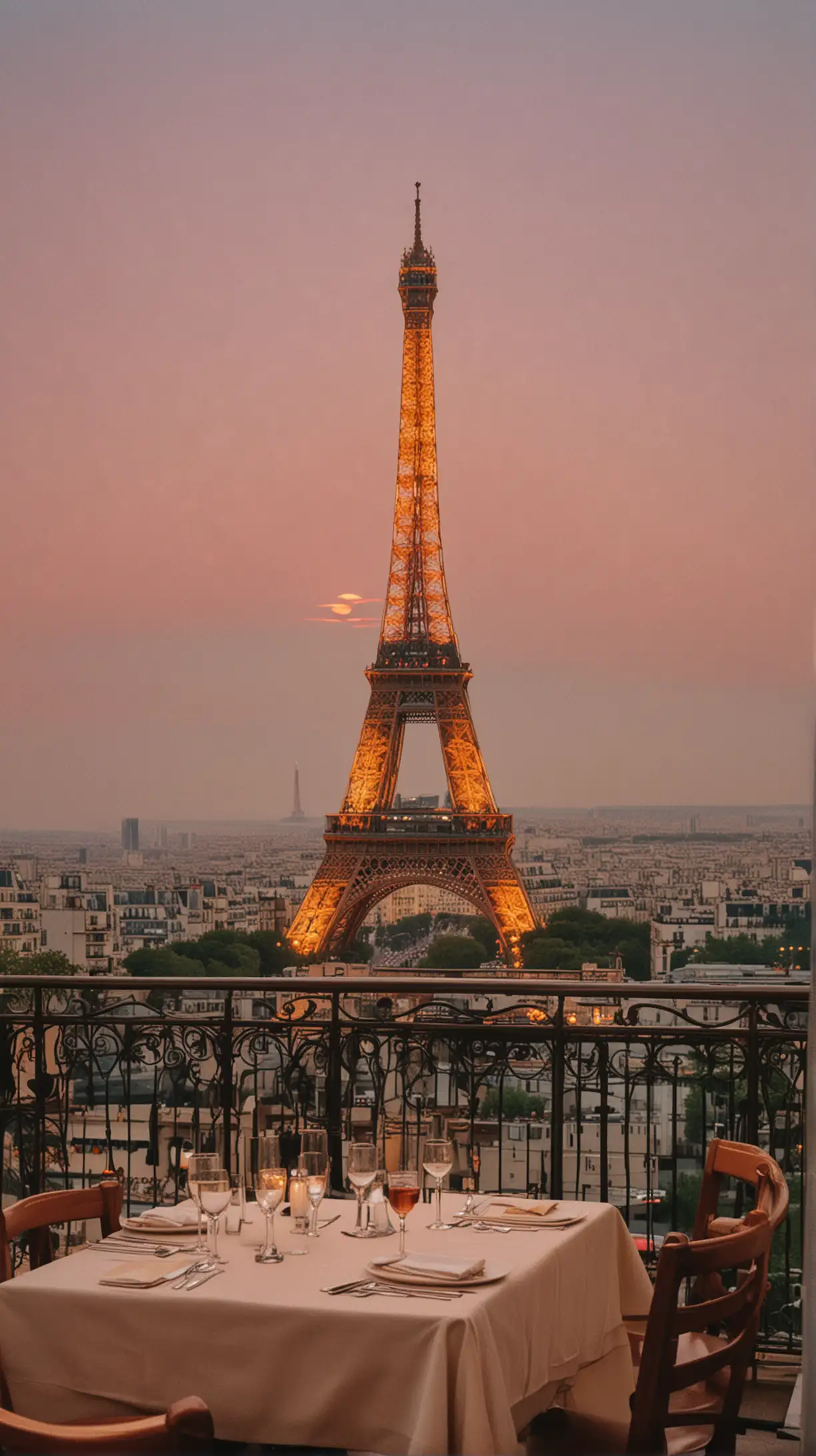 Sunset view on Eiffel Tower from a restaurant in the 80s