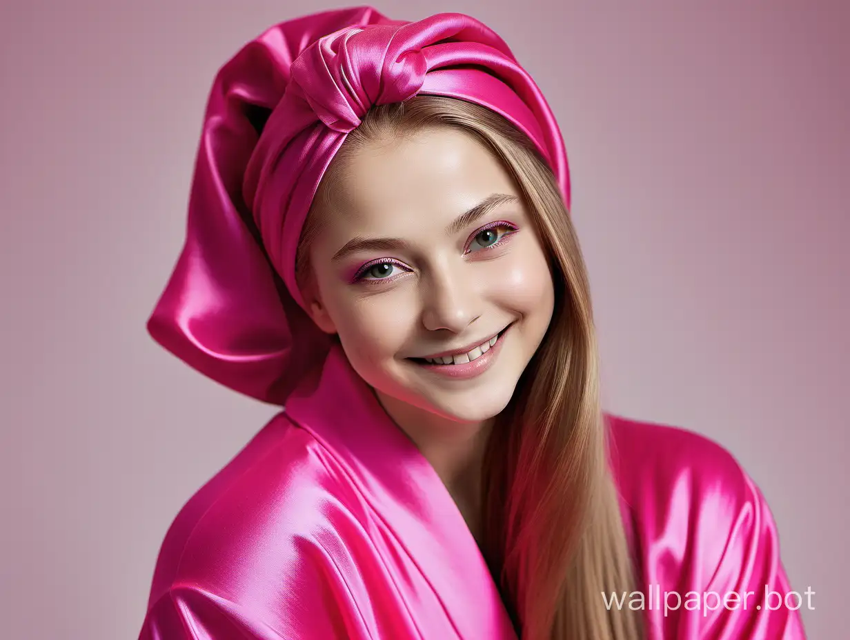 Yulia Lipnitskaya smiles with long, straight, silky hair in a luxurious, delicate, silk robe the color of pink fuchsia with a pink silk towel turban on her head