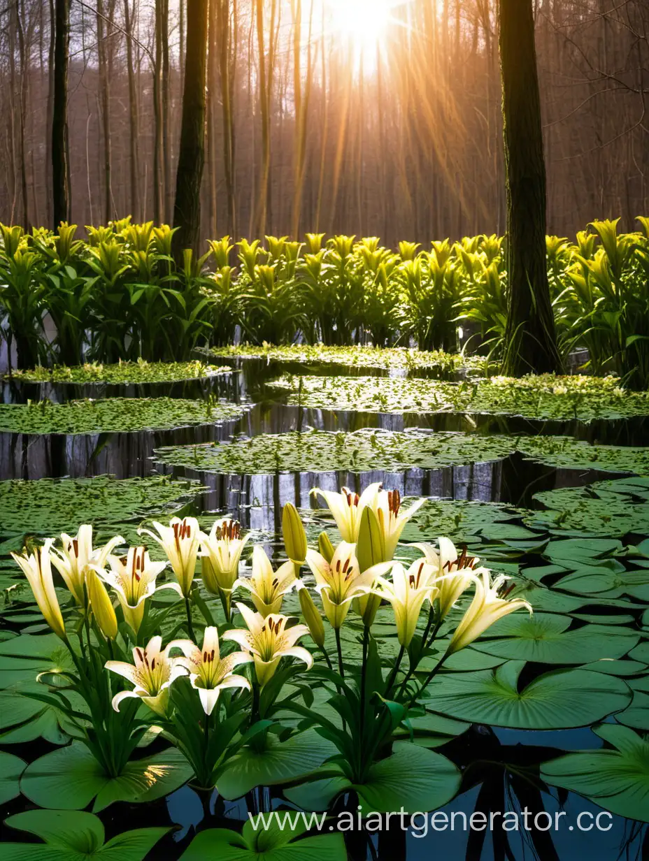 Enchanting-Spring-Landscape-with-Sunlit-Lilies-in-a-Serene-Forest-Oasis