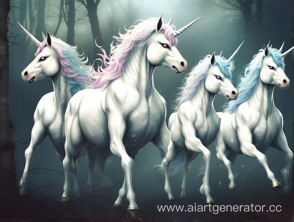 four beautiful and white unicorns partially transform into monsters.