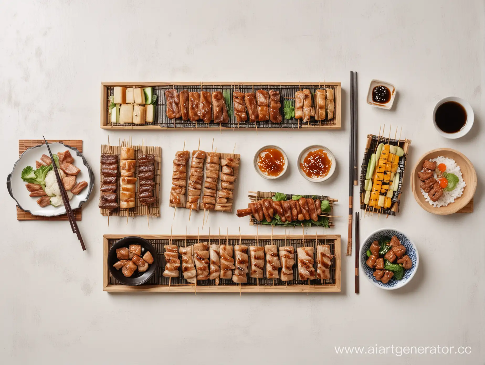 Japanese-Yakitori-Skewers-on-White-Tabletop-from-Above
