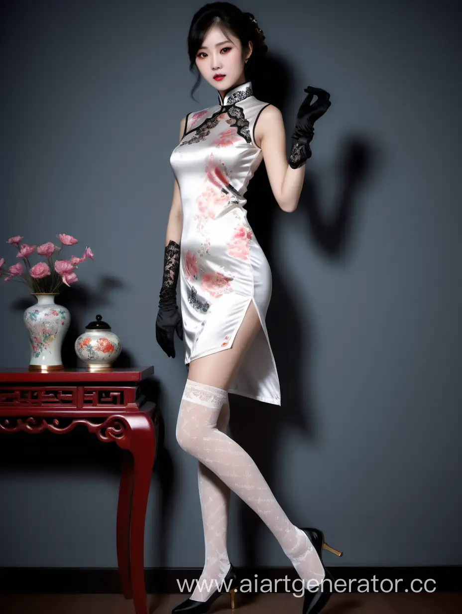 一个中国女孩身穿花纹淡色旗袍，绑带黑色蕾丝长手套，丁字裤，白色长筒丝袜，高跟鞋。