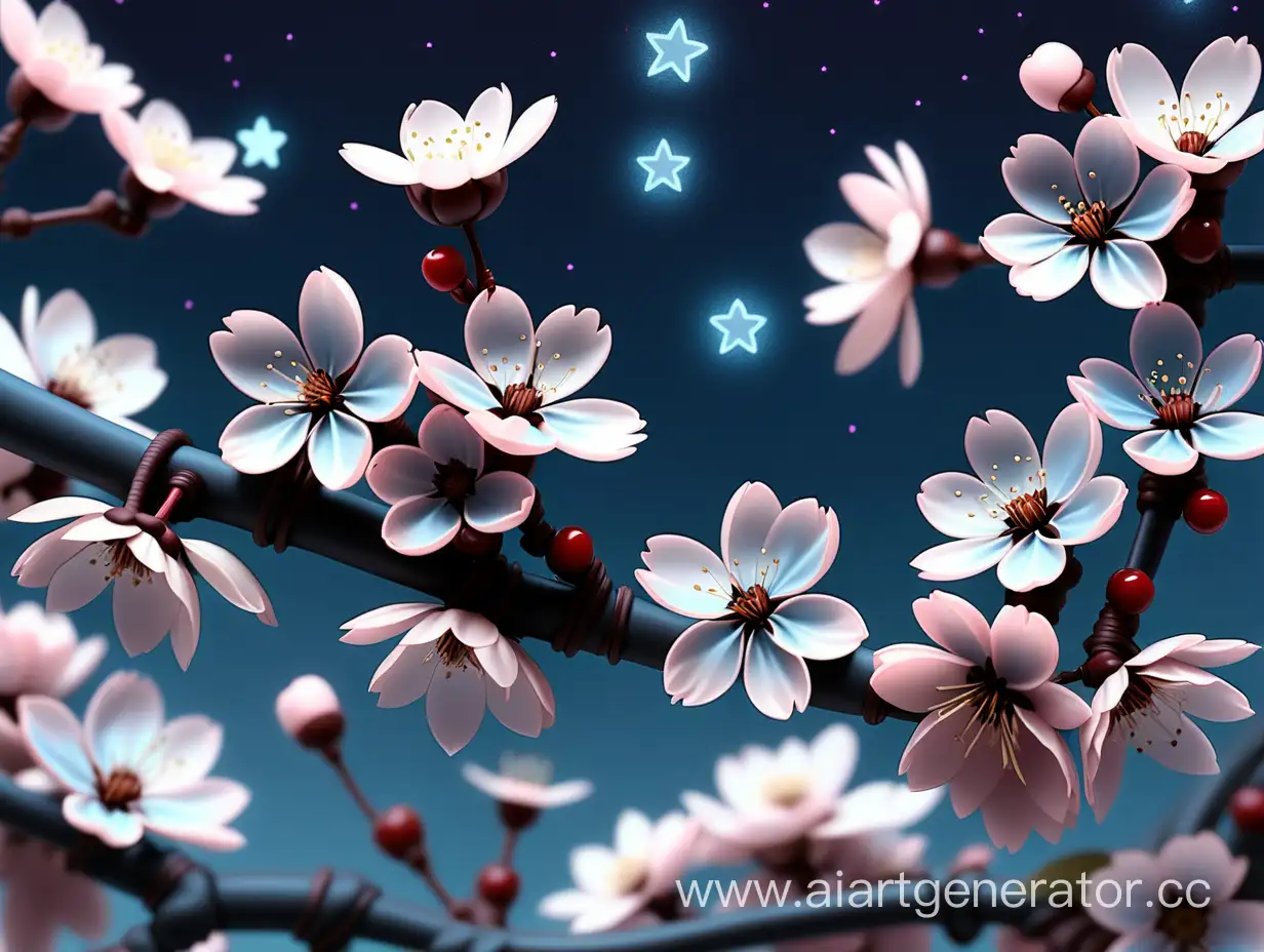 myc0t0xin. dark background. sakura flowers. field of flowers (light blue, light pink, light purple). starry night. aesthetic