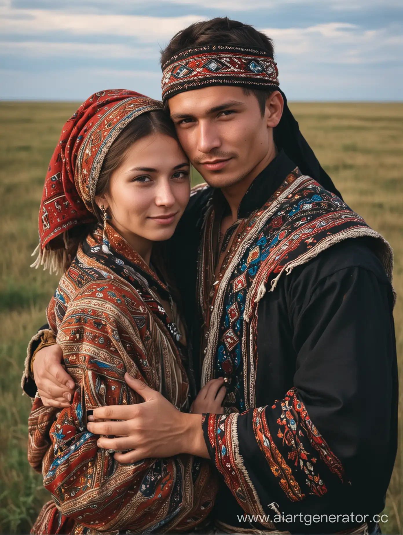 Nomadic-Love-Chuvash-Man-and-Mordvin-Woman-Embrace-in-Steppe