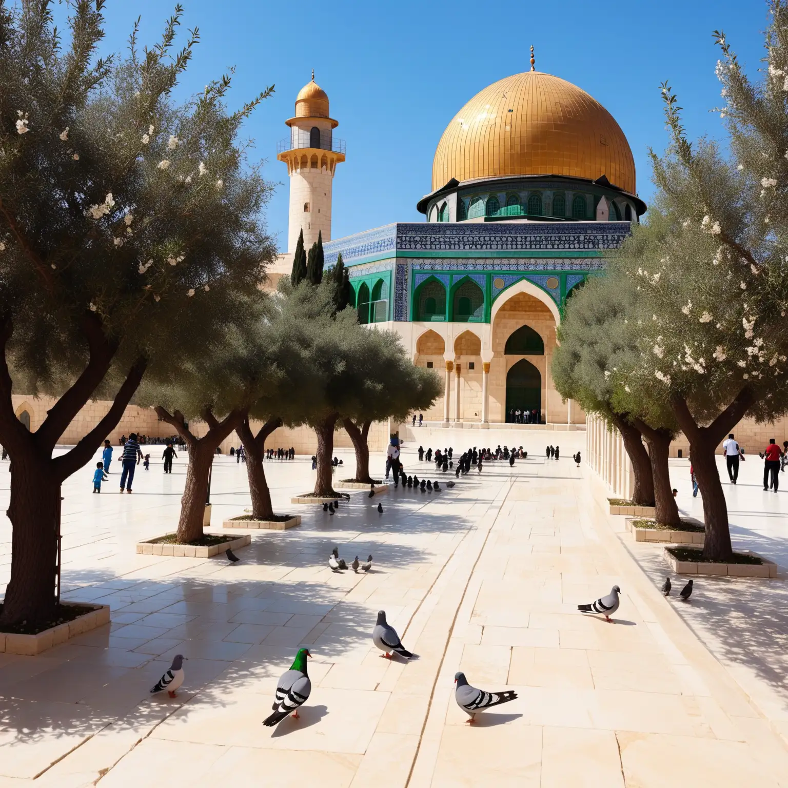 Atmosphere many children of Gaza playing with happiness in Al-Aqsa mosque, heavenly, some pigeons, beautiful olive trees, spring, flowers, slide, twist.