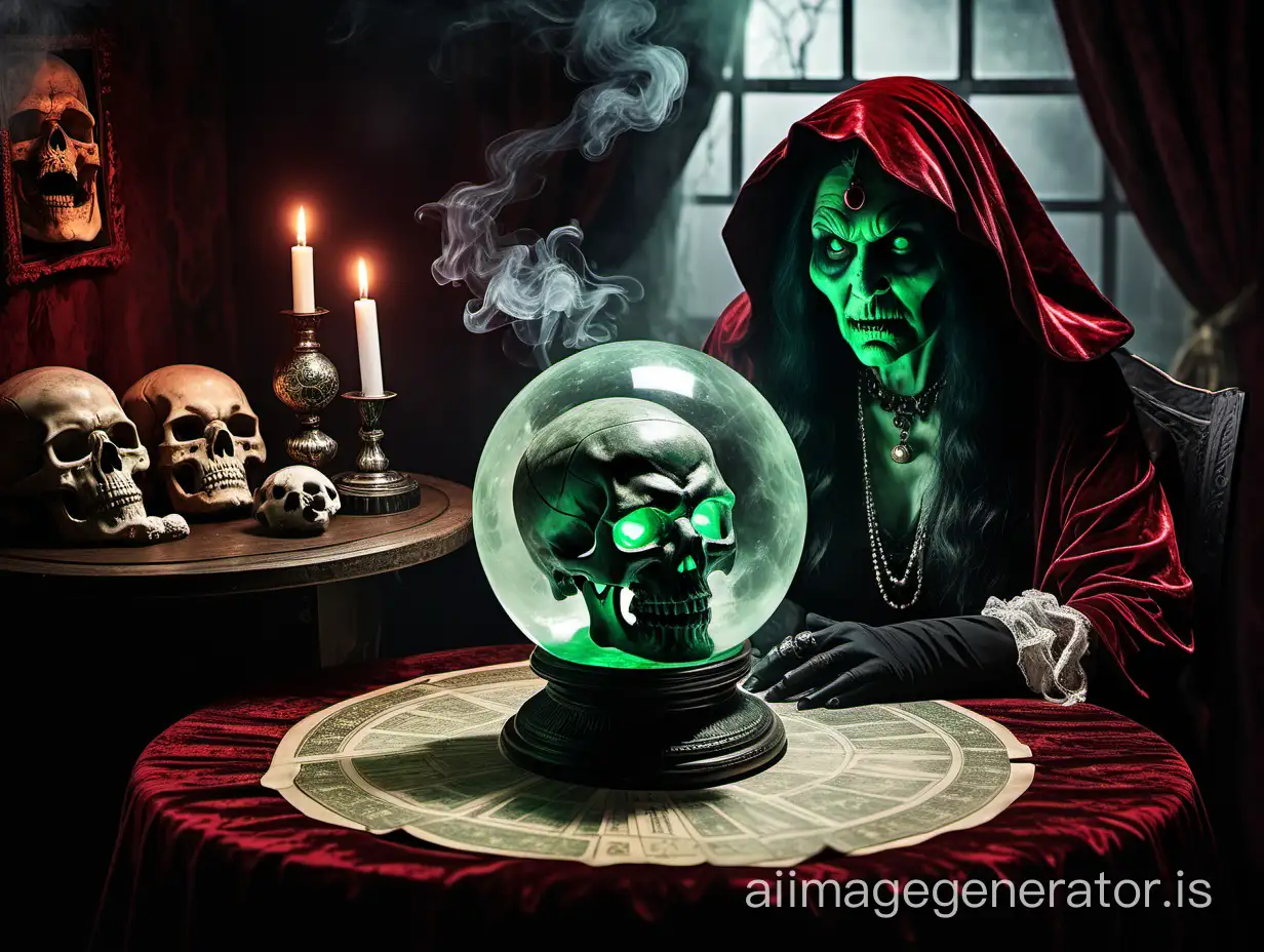 1800s old angry fortune teller sitting at table red crushed velvet, large light green glowing crystal ball with human skull inside, smoke black cat on table, Ouiji board with planchet, thunderstorm outside window, ominous cinematic very detailed