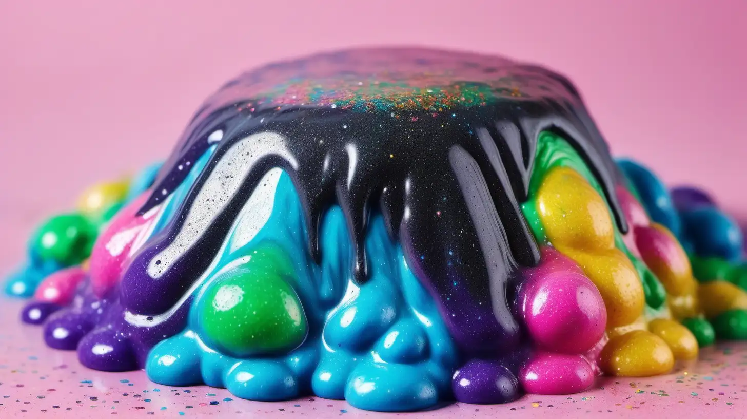 bright colorful slime that has glitter in it. the slime is fluffy and is rainbow color, similar to the highly sought after slime brand called Slime Obsidian