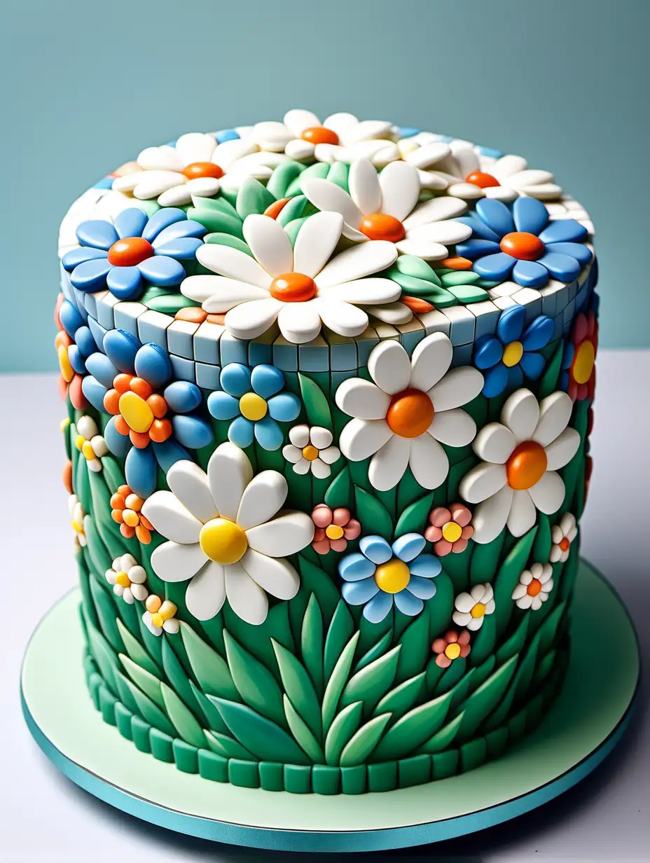 Use white 3d flowers, to create a mosaic pattern on the cake, inspired by a garden theme, mosaic white background colouring book