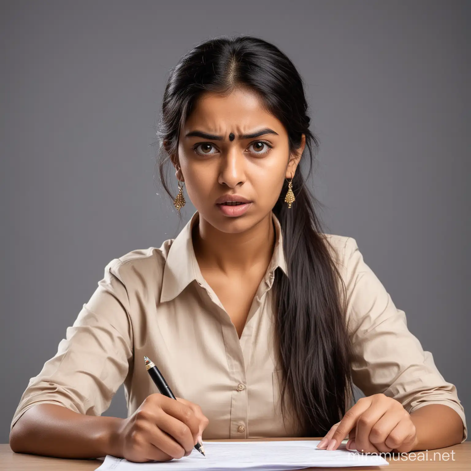 young indian Lady signing in a paper with angry face