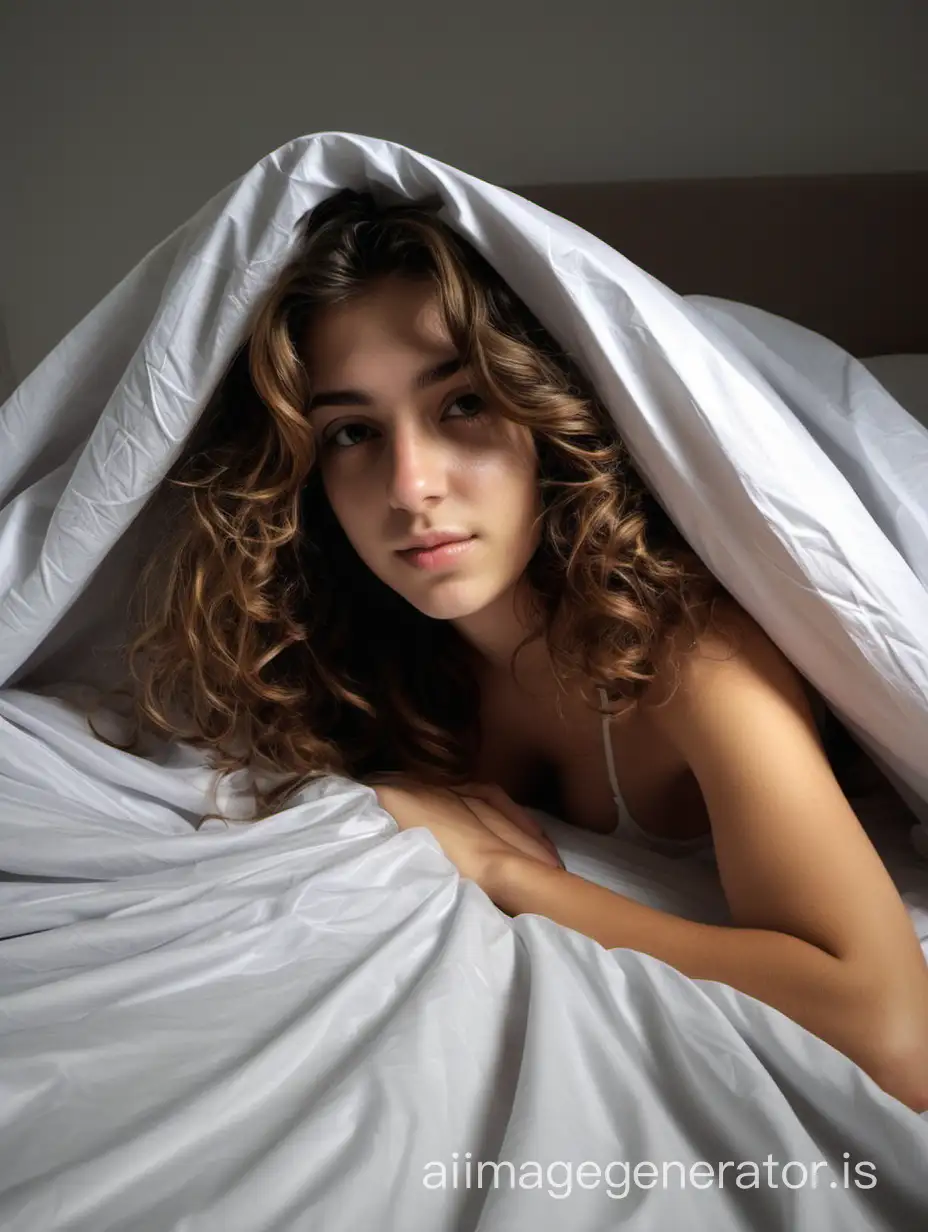 a photo of Michela, an Italian prosperous girl, came back home from college with brown wavy hair, relaxing under the sheet in her bed after waking up