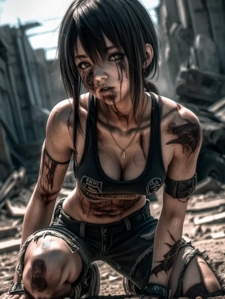(cinematic lighting), In a zombie post-apocalyptic world, a beautiful resilient anime girl dons a worn black tank top, perfect breast, revealing battle scars and determination, as she faces the challenges of survival with a blend of strength and grace,kneel on the ground, half body photo, angle from below, intricate details, detailed face, detailed eyes, hyper realistic photography, --v 5, unreal engine
