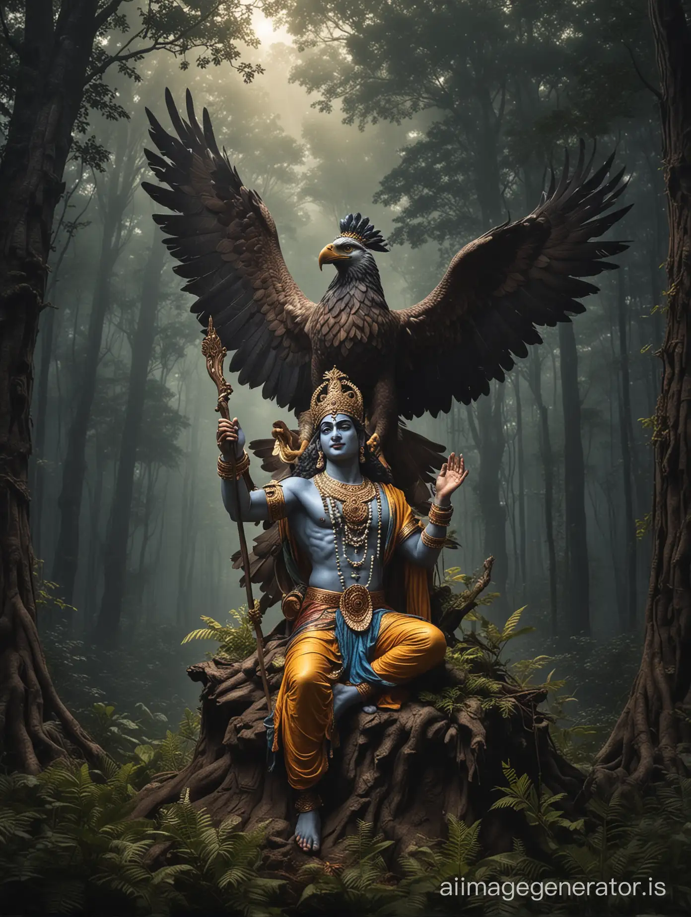 Majestic-Krishna-as-God-Embodied-on-a-Soaring-Eagle-Amidst-the-Enigmatic-Forest