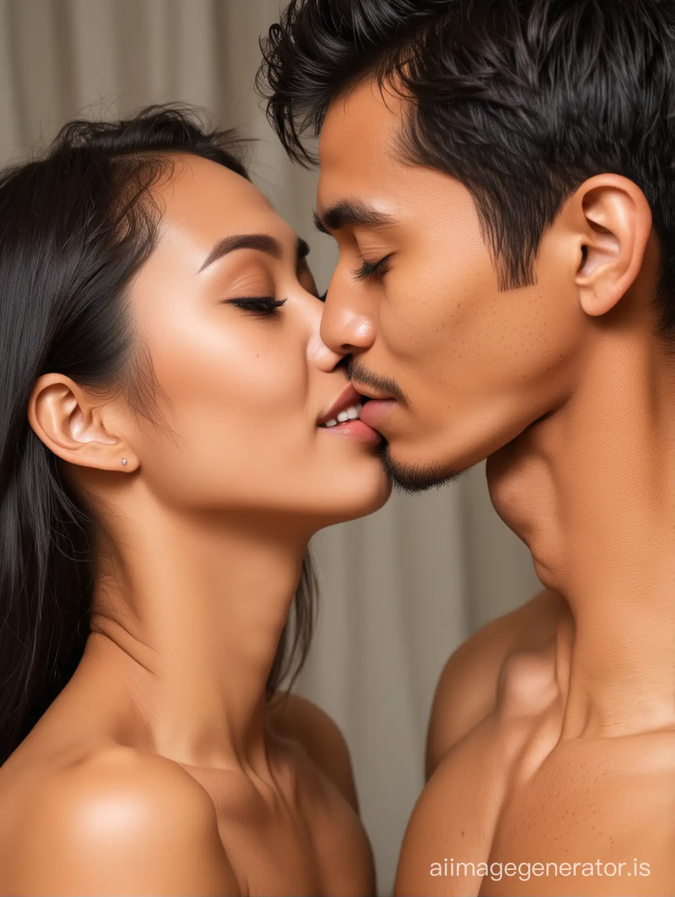 Young and beautiful Indonesian woman is kissing on his boyfriend cheek. He is shirtless