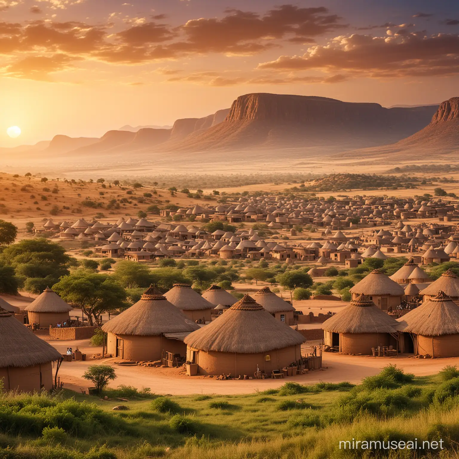 vintage african village with hilly background at sunset
