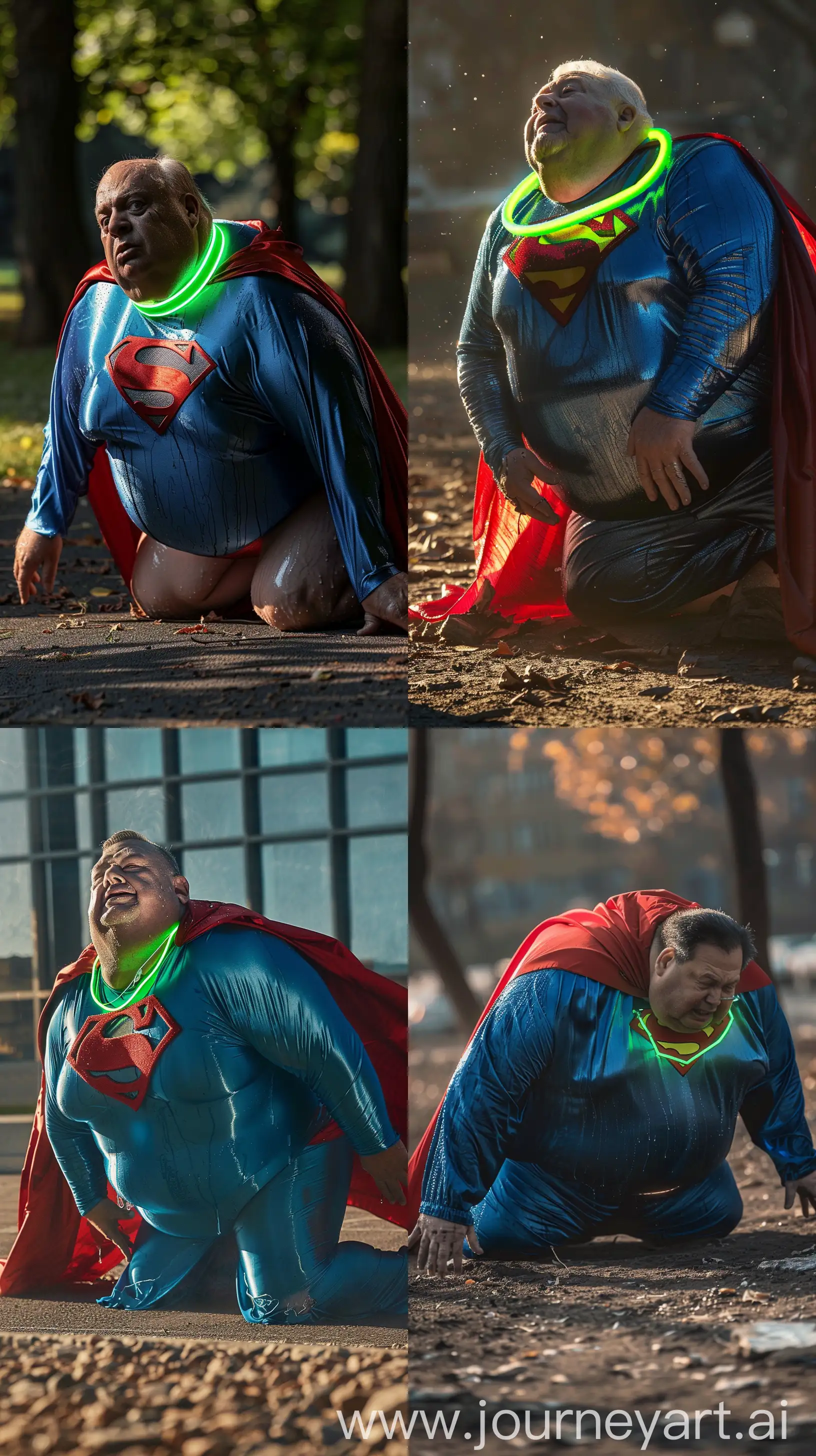 Full body photo of a fat man aged 60 wearing a drenched tight silk blue superman uniform with a red cape and tight green glowing neon dog collar. Outside. Falling on his knees on the ground. Natural light --style raw --ar 9:16