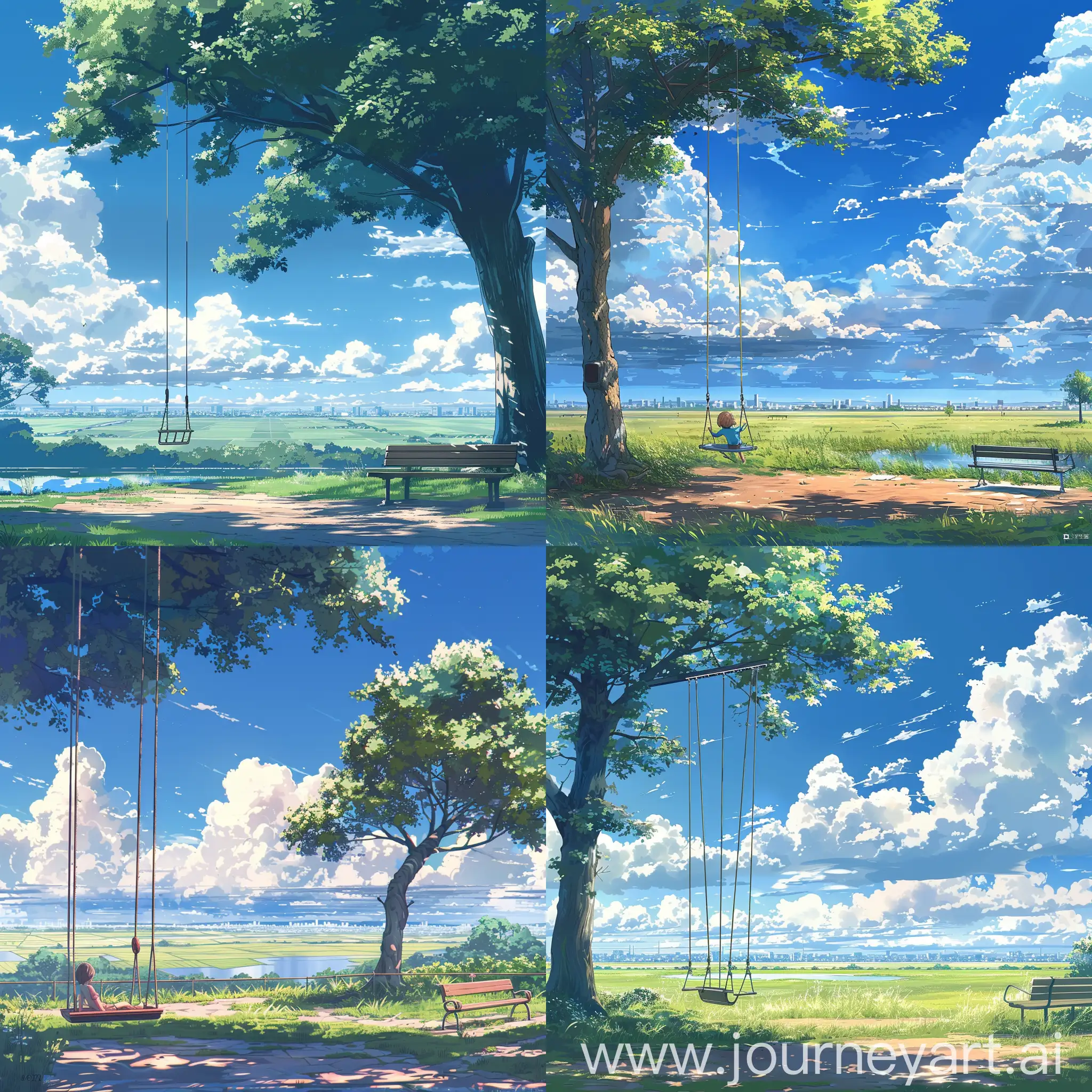 Anime style,aesthetic,best quality anime style touching,a nostalgia and some peace vibes ,viewing a vast plain park with one kids swing afternoon time in the beautiful summers,beautiful blue sky,long fluffy clouds,a tree,far a city can be seen,small water line by side,park bench.