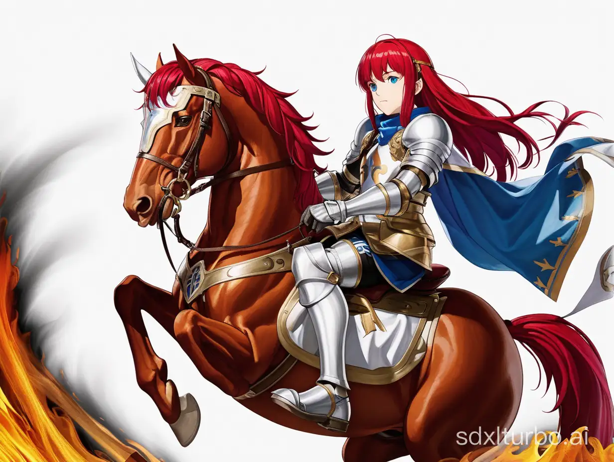 fire emblem saint knight, riding on horse, red hair, blue eyes, white background