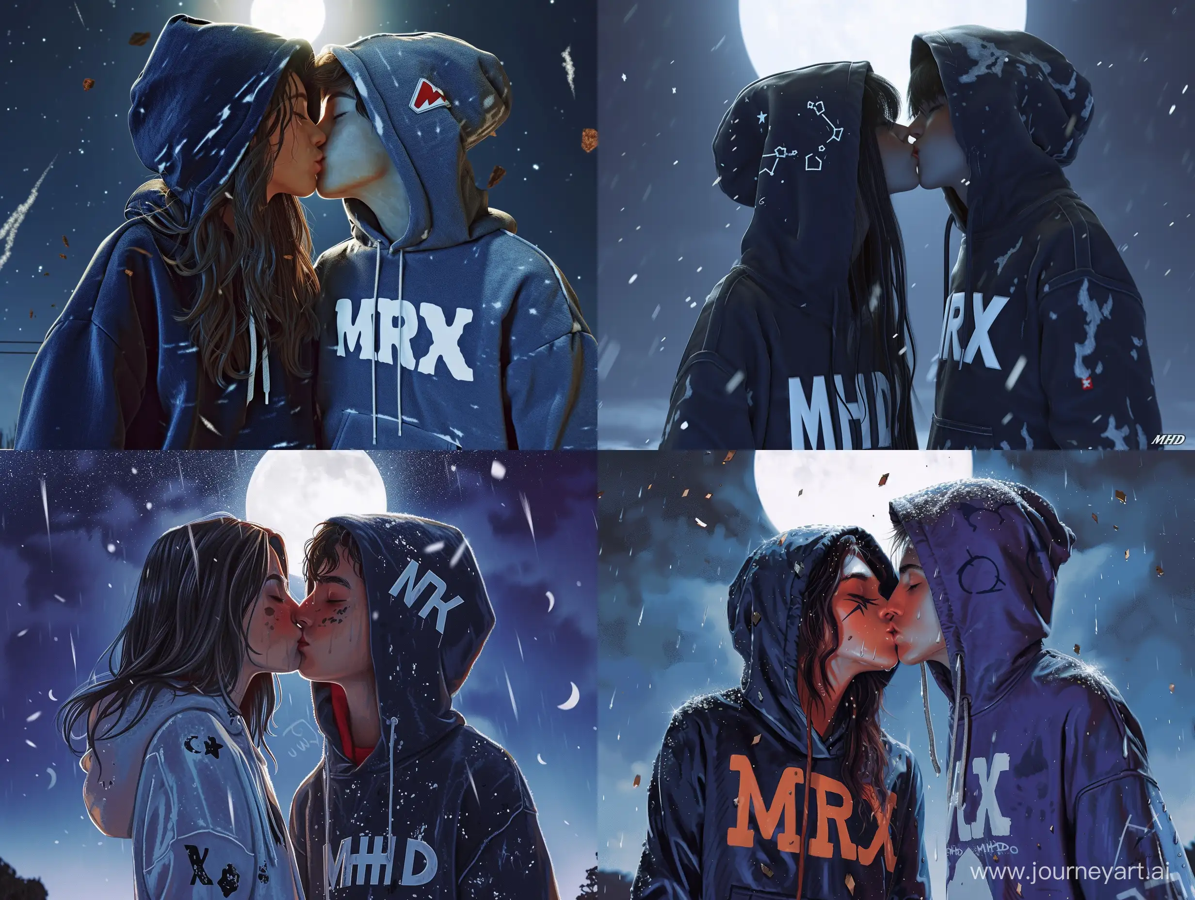 create a photo, girl has "MRX" letter on her hoody and boy has "MHD" letter on his hoody are kissing, night, moon, falling stars, ultra high detailed photo, modern, realistic, full body pose,