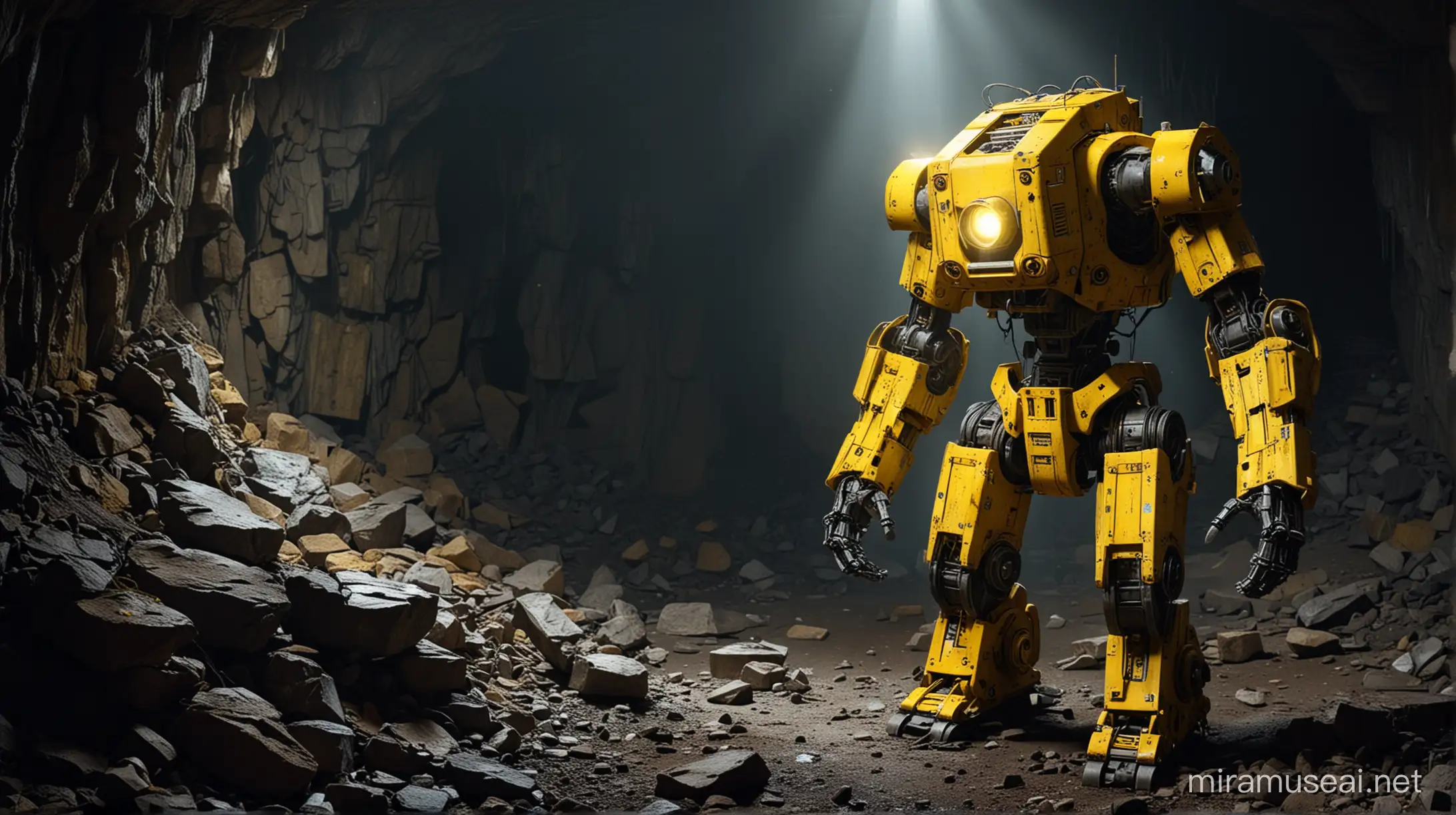 a robot exploring an abandoned mine, the robot is bright yellow, the robot shines a light through the darkness