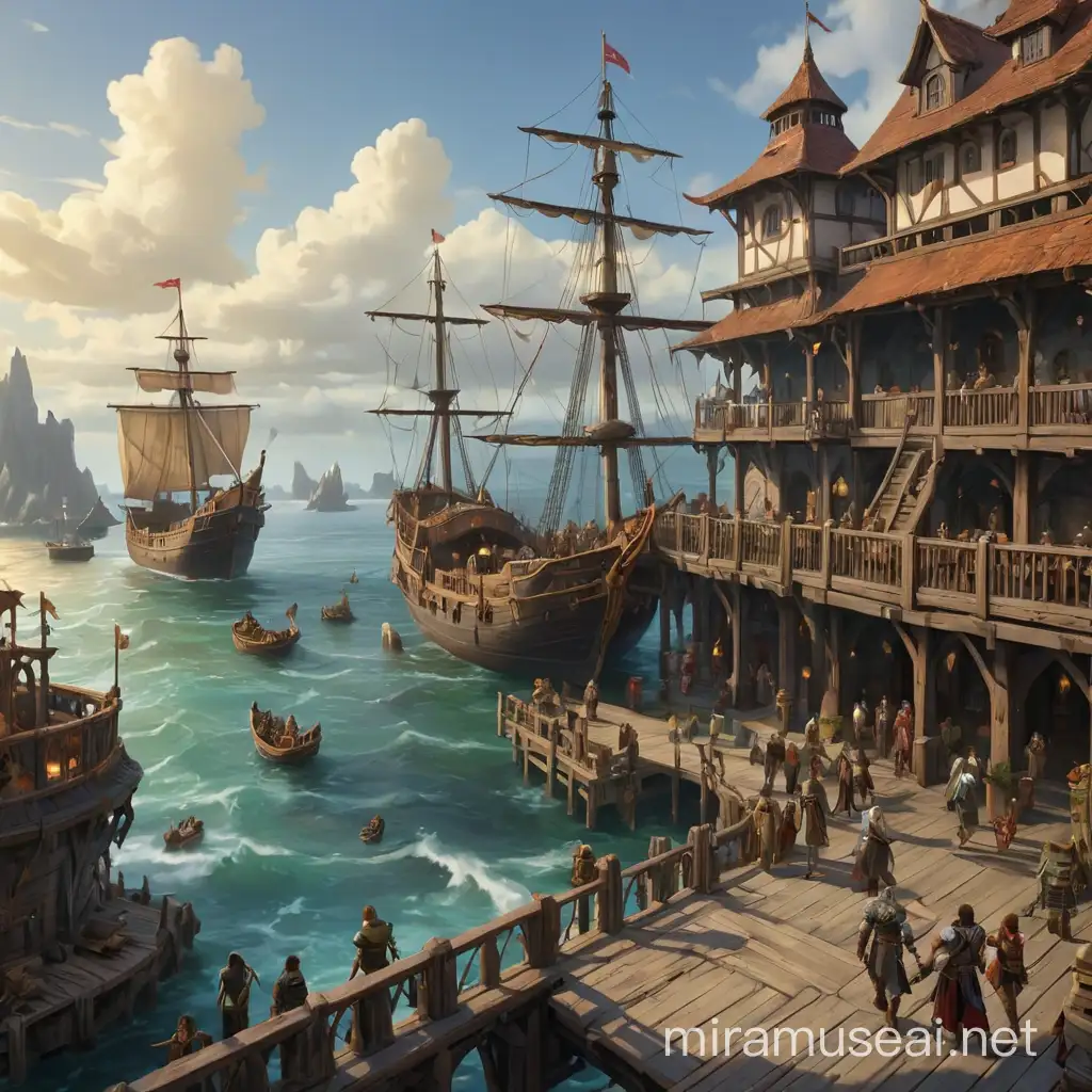 Fantasy Pier Scene with Dragons and Ships