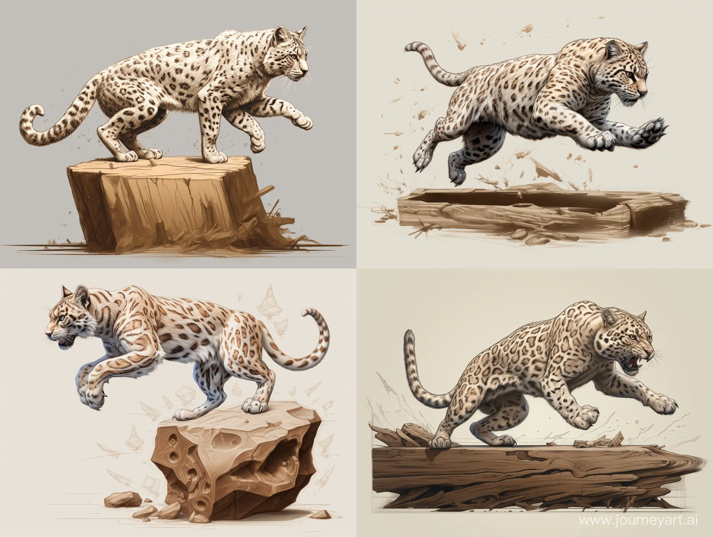 Professional wood carving sculpture sketch, life size bobcat jumping over a large wooden cube, concept art, dynamic character, front, back and side view, wood carving, 3d, Artstation, white background, 8k render, ultra realistic