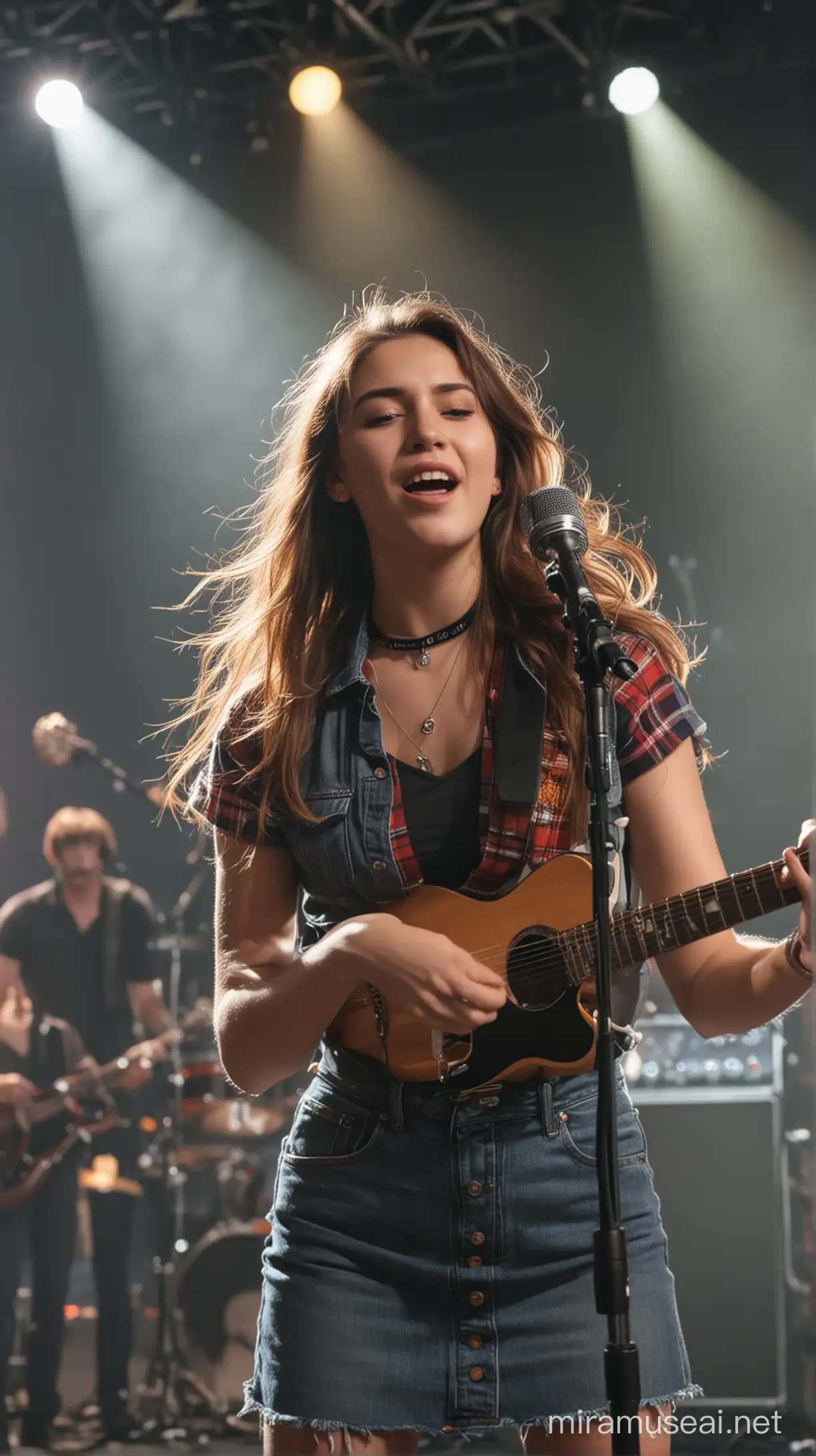 A beautiful girl singing with a microphone in her hand, dancing with a guitar hanging around her neck, other people playing music in the background, out of focus, music lighting on the stage