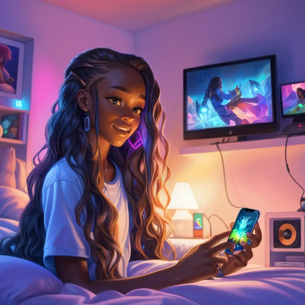 Long Flowing Hair Mixed Race Woman Playing Games on iPhone in Colorful Bedroom Light