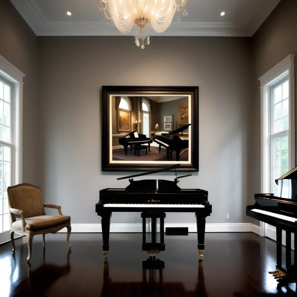unrestricted view of large framed artwork would go in a furnished million dollar house with one baby grand piano with the top slightly open, but not blocking the art