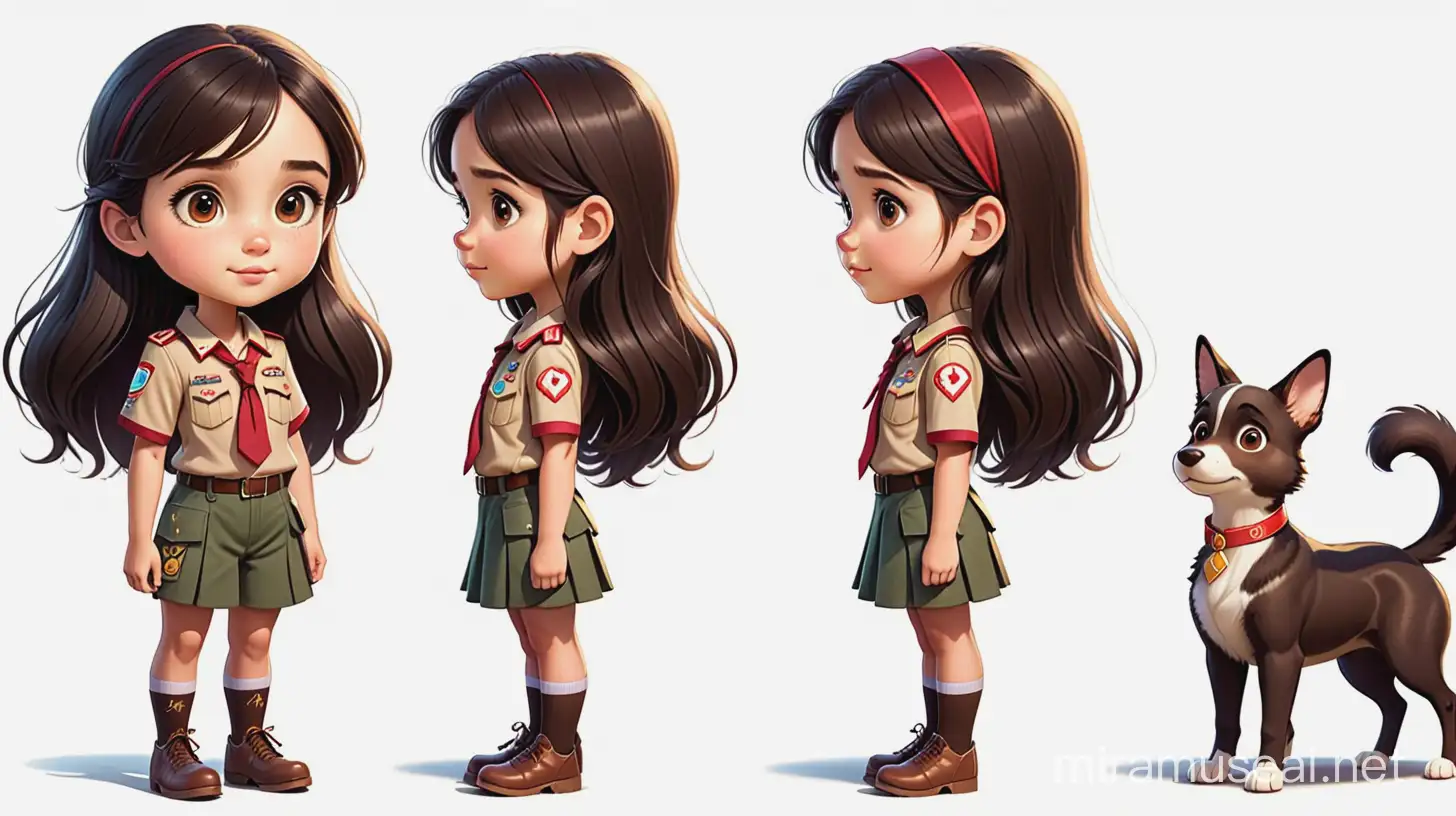 a  female kid have 11 years old , have a medium long dark brown soft hair , big dark brown eyes, round face
 , light skin , scout uniform, show the full body of her. cartoon type . make her talk to animals 